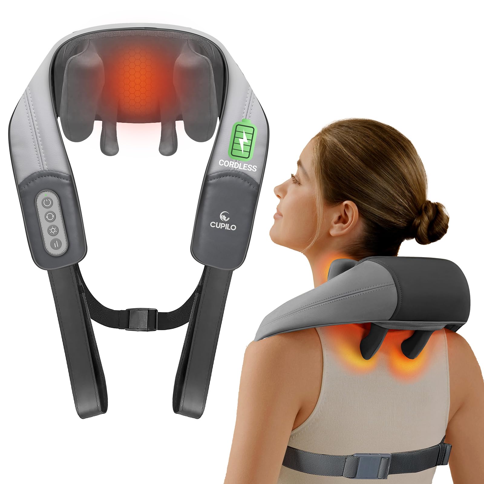 Cupilo Shiatsu Neck And Shoulder Massager With Heat   Fsa Or Hsa Eligible, Cordless 4D Deep Tissue Kneading Massager, Rechargeab