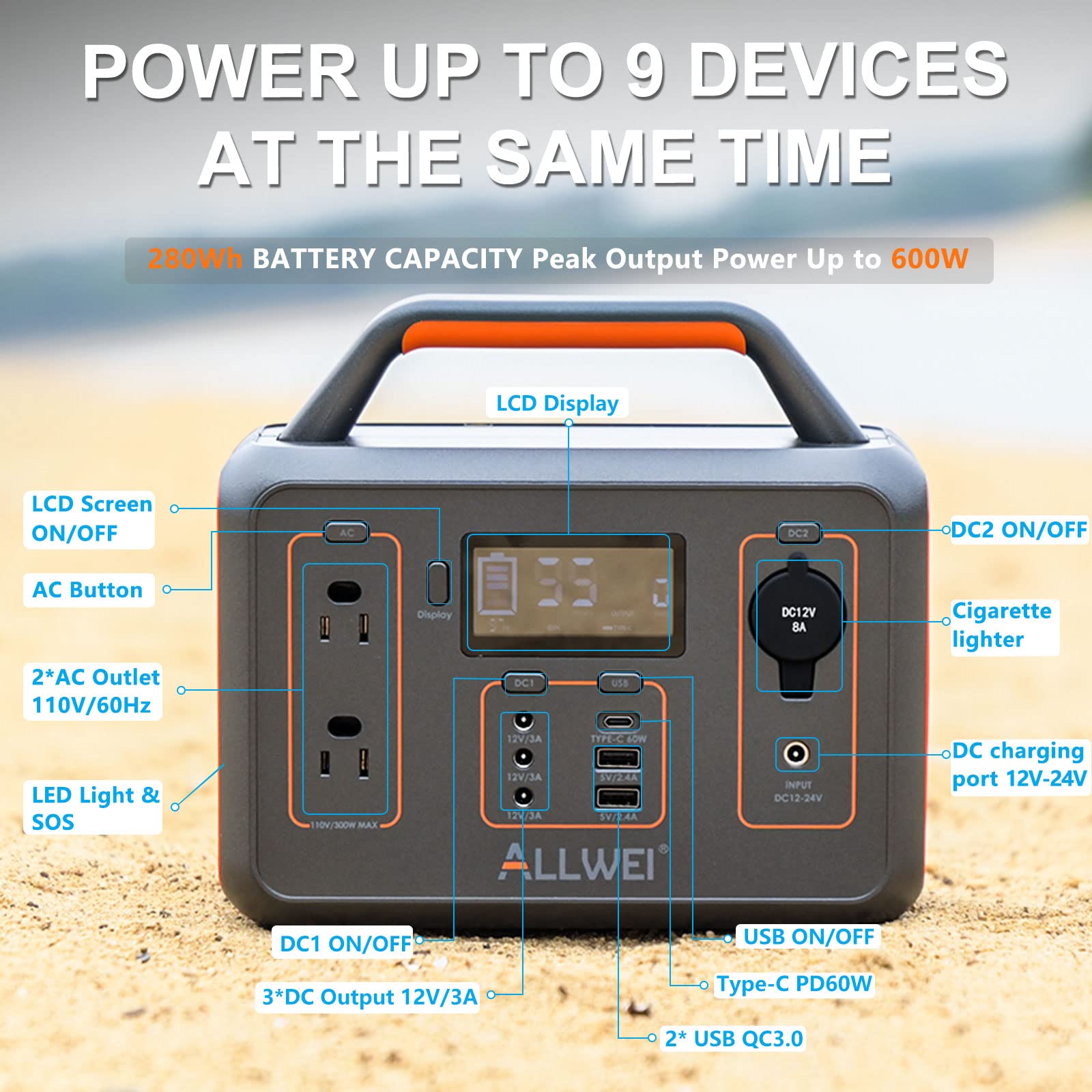 Allwei Portable Power Station 300W(Peak 600W), 280Wh Solar Generator With Usb C Pd60W, 110V Pure Sine Wave Ac Outlet, 78000Mah B