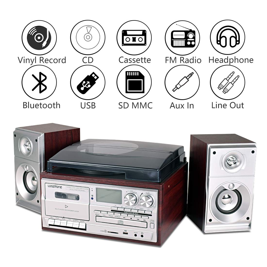 Looptone Vinyl Record Player With Dual 15W External Speakers 9 In 1 3 Speed Bluetooth Vintage Turntable Cd Cassette Player Am/Fm