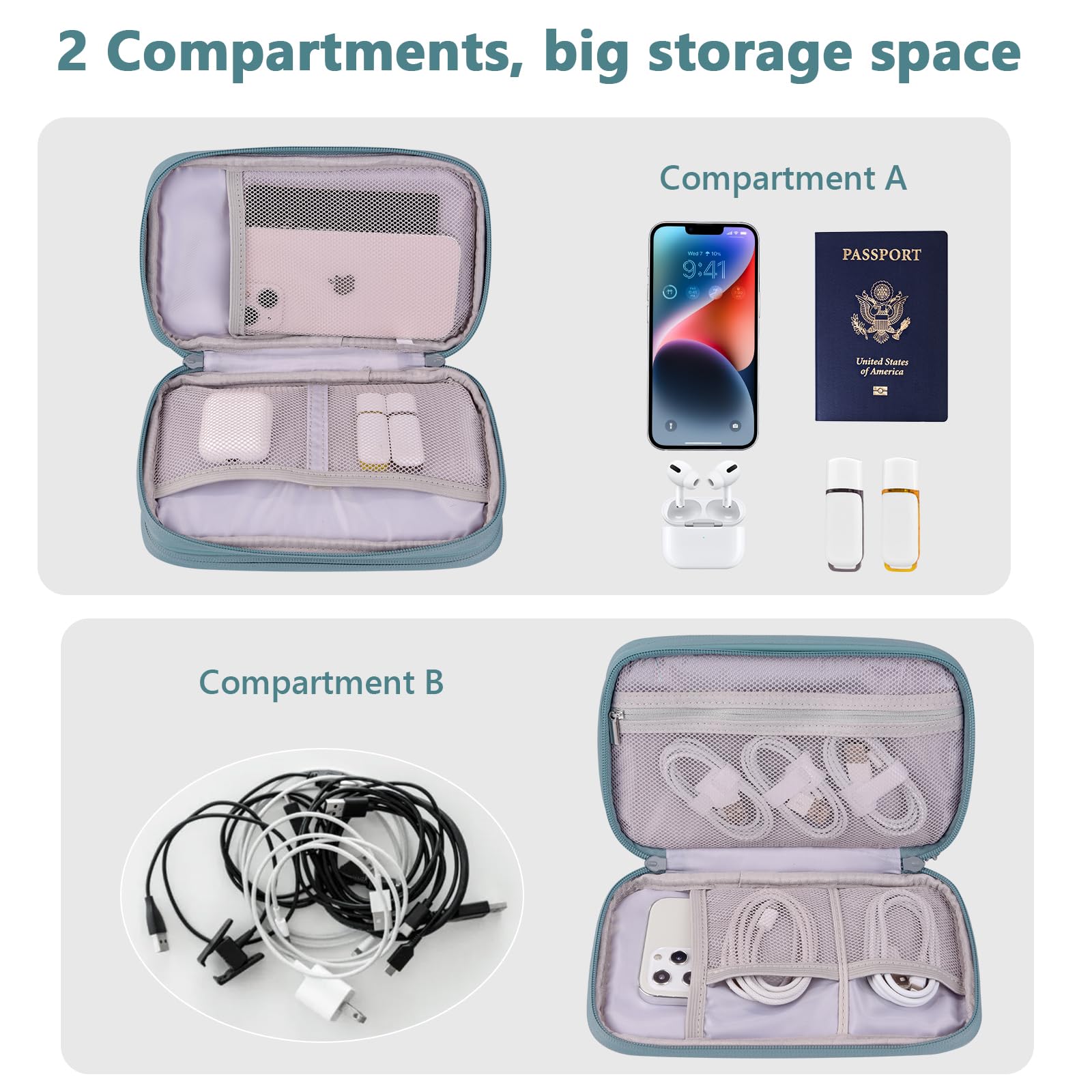 Ddgro Cables Pouch Travel Cords Organizer Tech Accessories Electronics Charger Phone Keys Power Bank Carrying Case (Aqua Blue, P