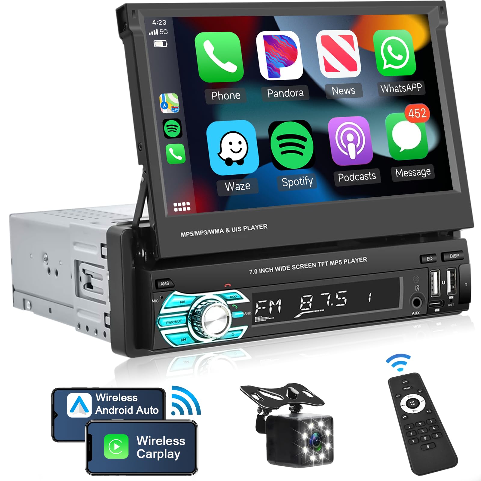 Podofo Wireless Carplay Single Din Car Stereo 7 Inch Hd Flip Out Touchscreen Car Radio With Wireless Car Play Android Auto, Bluetooth, Type C/Usb/Tf/Aux, Swc, Fm, Voice Control, Backup Camera