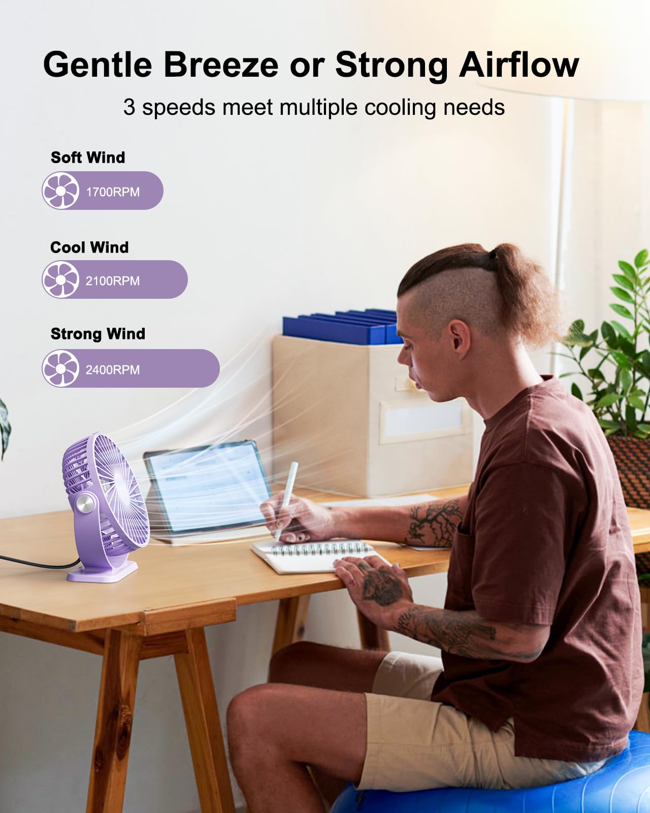 Tripole Desk Fan Usb Powered Mini Portable Fan 3 Speeds Strong Airflow Small Usb Fan 360Rotation Personal Travel Fan 5.1 Inch Ta