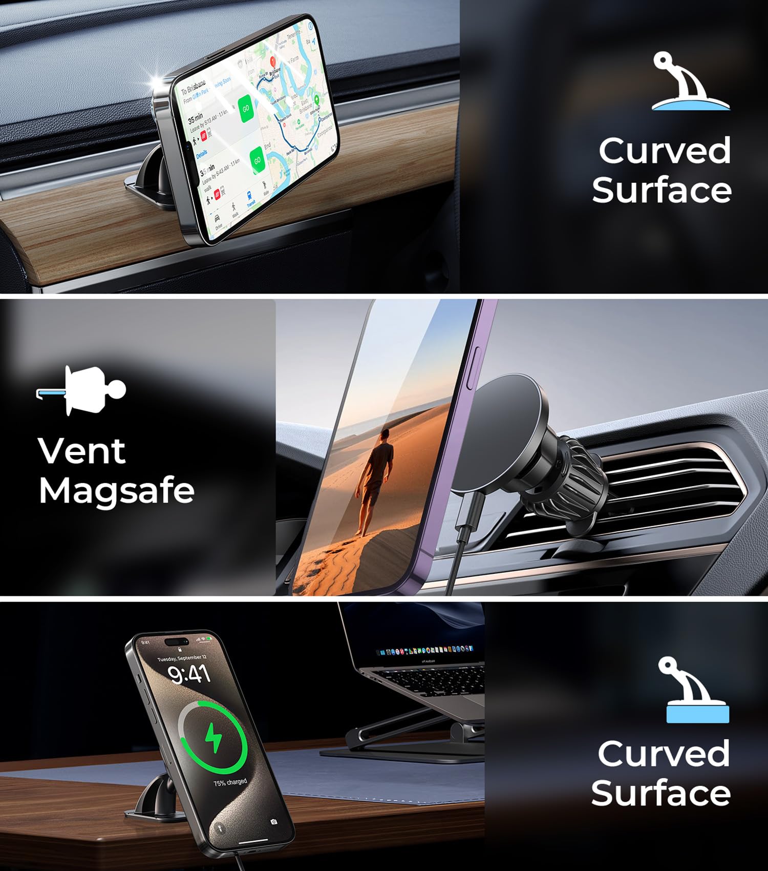 For Magsafe Car Mount Wireless Charger, 2-In-1 Dashboard And Air Vent Mount, Strong Adhesive, Heat Resistant, 360 Rotation, Magn