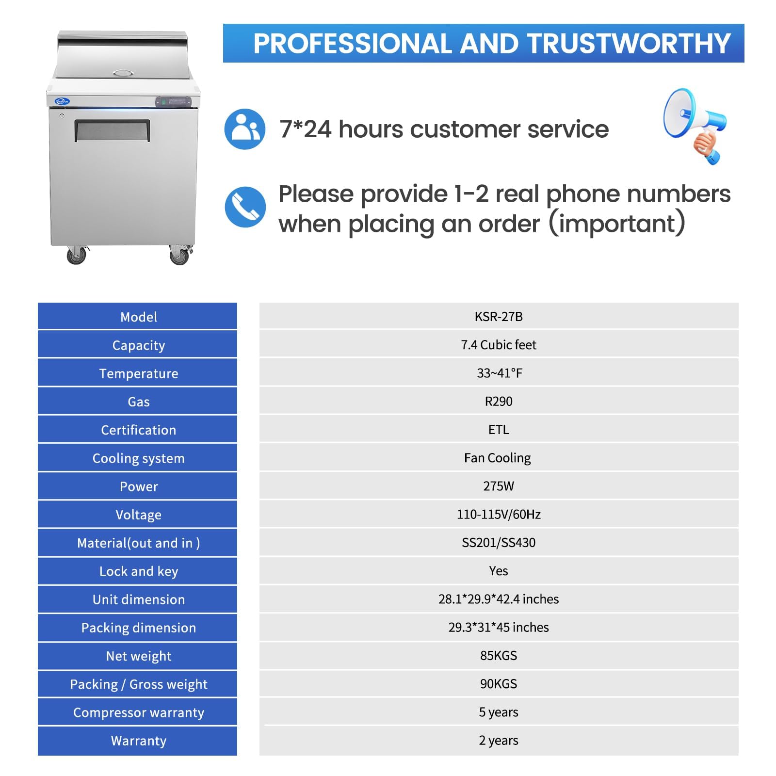 Kalifon 27'' W 1 Door Refrigerator Sandwich Salad Prep Table Commercial Stainless Steel Fan Cooling Refrigerator With Cutting Bo