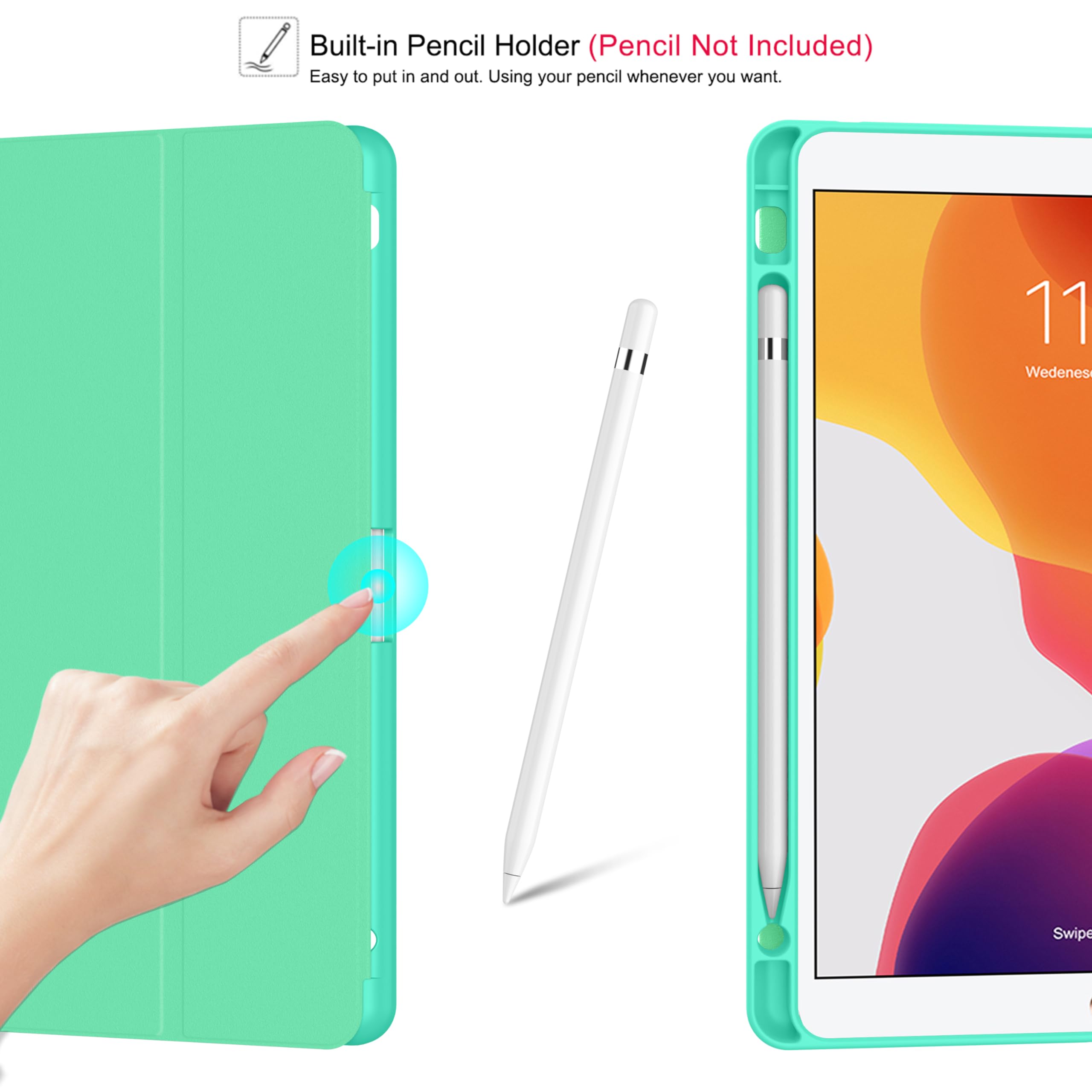 Soke Case For Ipad 9Th Generation 2021/8Th Gen 2020/7Th Gen 2019 With Pencil Holder   Premium Shockproof Case With Soft Tpu Back Cover & Auto Sleep/Wake For Ipad 10.2 Inch, Book Mint Green