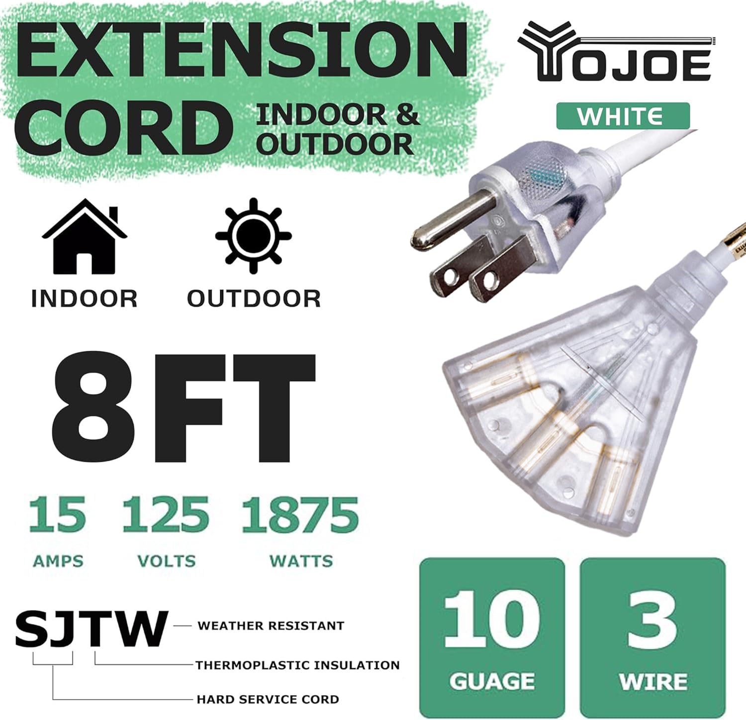 Yojoe 3 Outlets Indoor Outdoor Extension Cord With Lighted End, 3 Prong 15A Weatherproof Power Cord, 10 Gauge Heavy Duty 8 Ft Wh