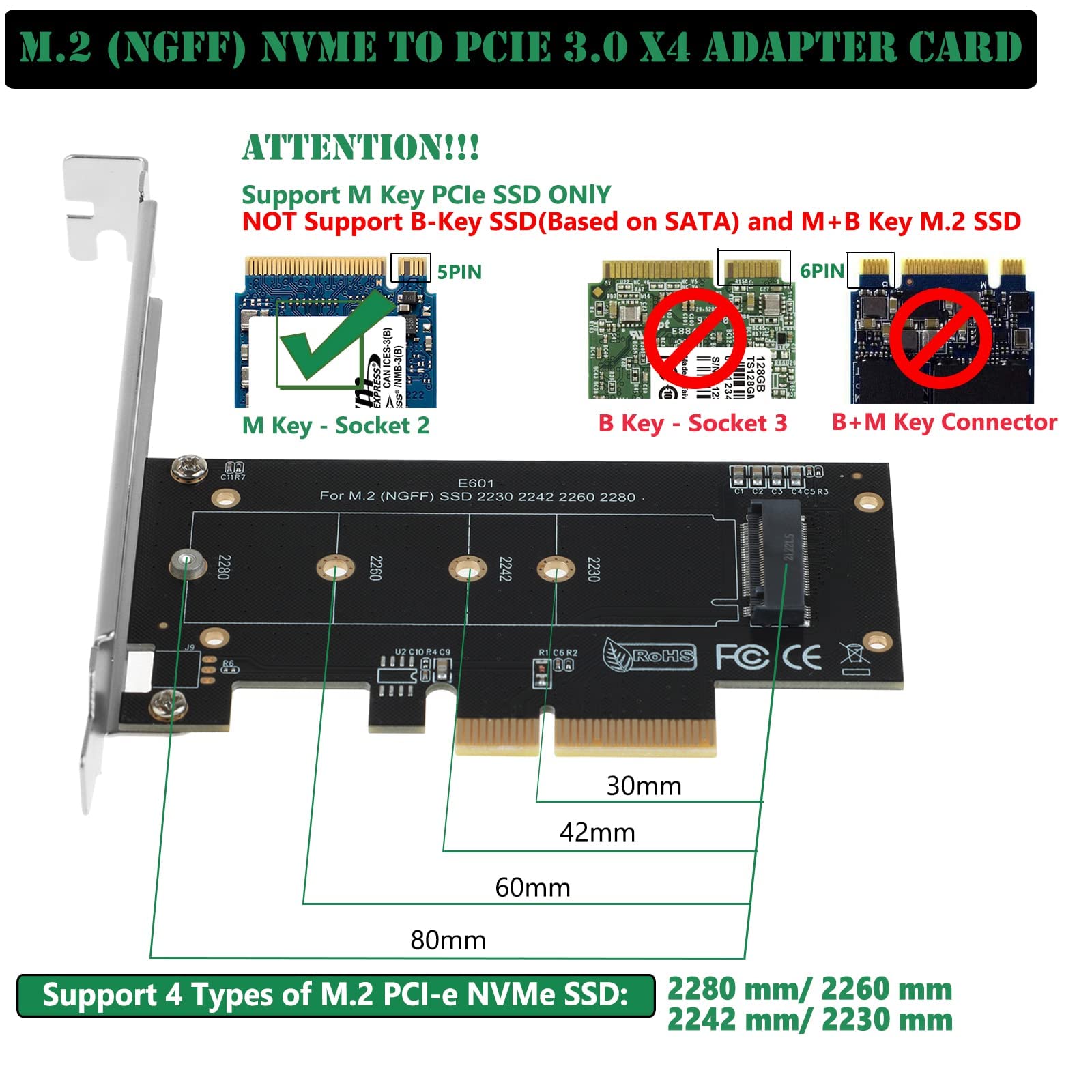 Joylifeboard M.2 Nvme Pcie Adapter, Pcie To M.2 Ssd Adapter, M Key M.2 (Ngff) Pcie 3.0 X4 X8 X16 Controller Expansion Card For M