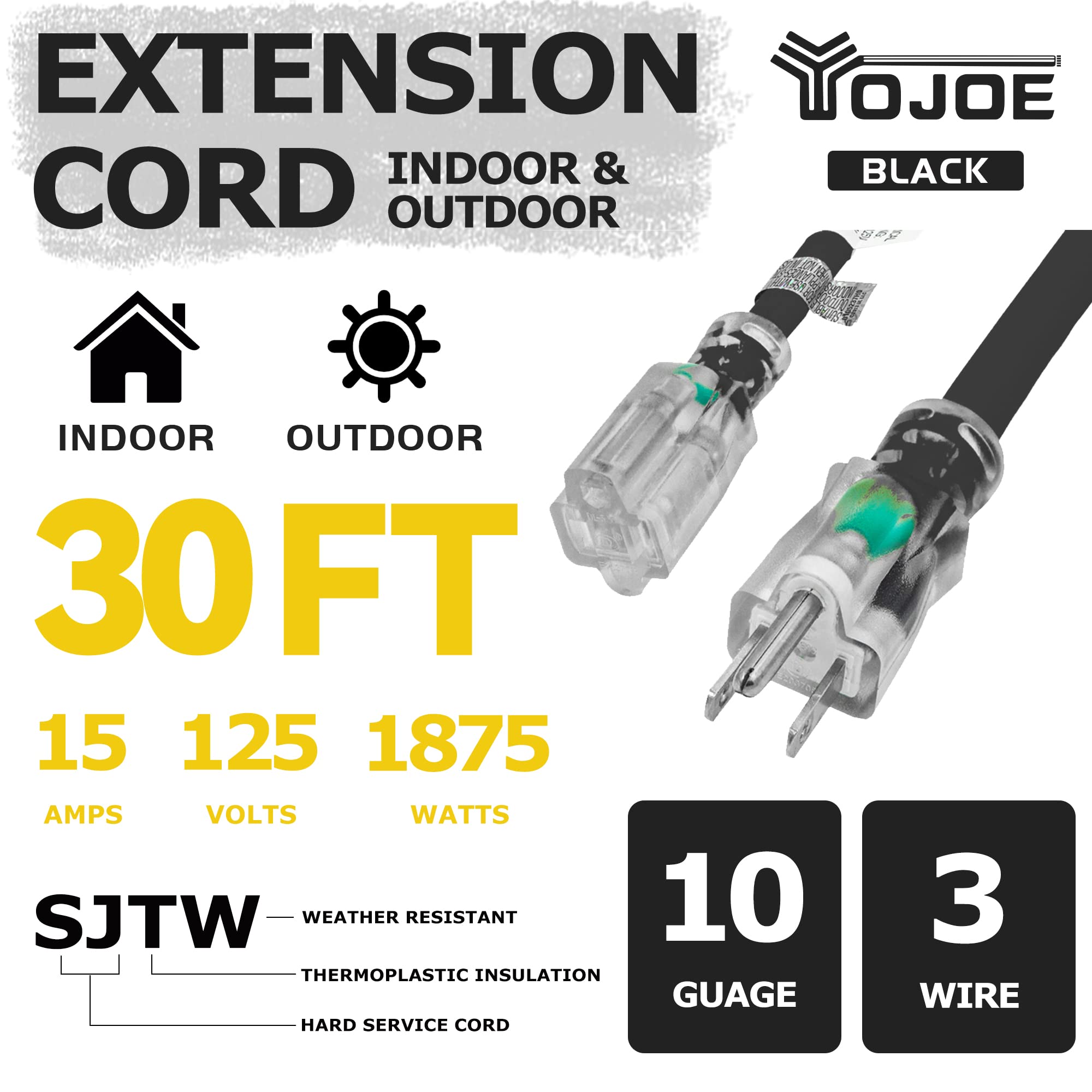 Yojoe Indoor Outdoor Extension Cord With Lighted End, 3 Prong 15A Weatherproof Power Extension Cord, 10 Gauge Heavy Duty 30 Ft B