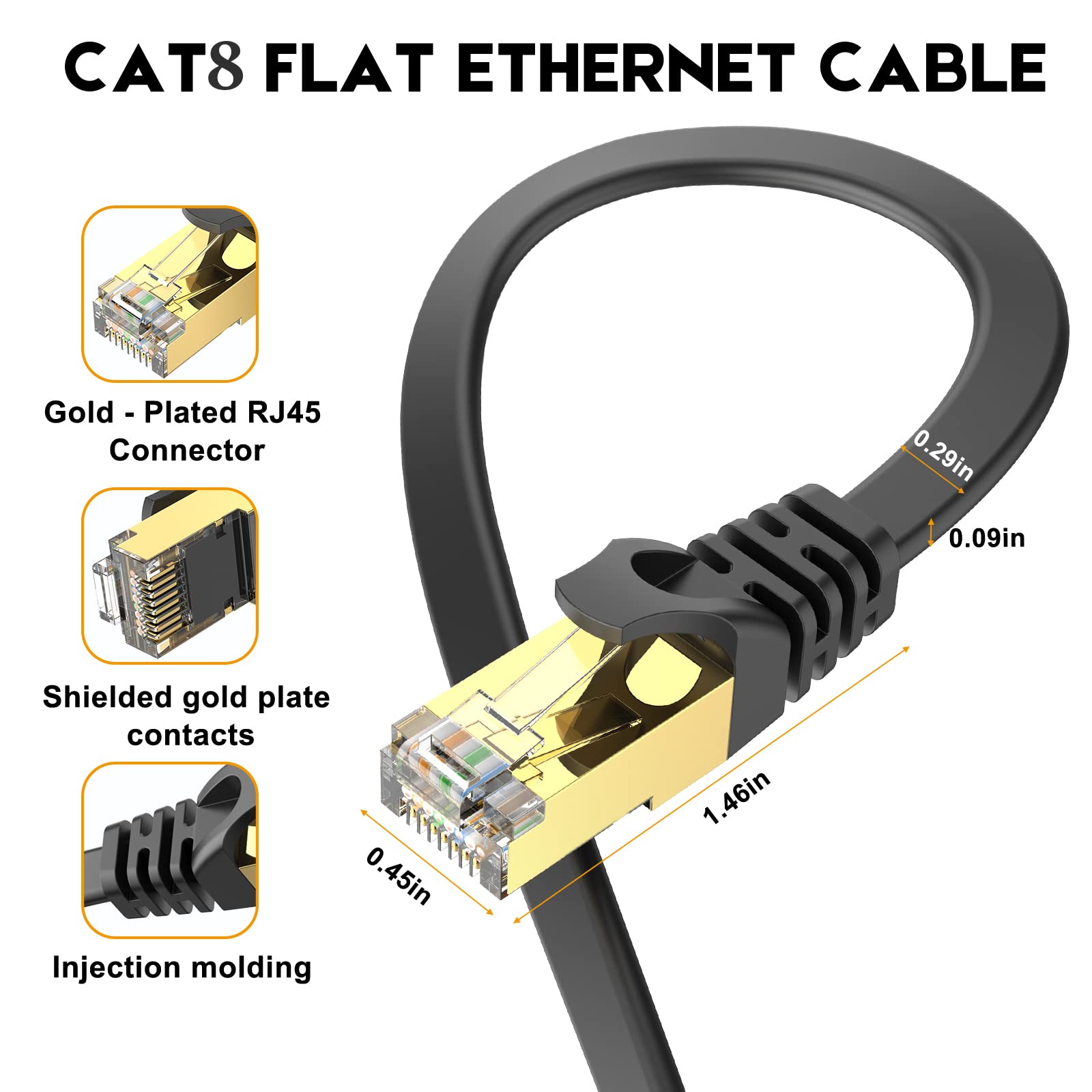 Ercielook Cat8 Ethernet Cable 30 Ft High Speed, Shielded Flat Internet Cable, Weatherproof S/Ftp Uv Resistant For Router/Gaming/
