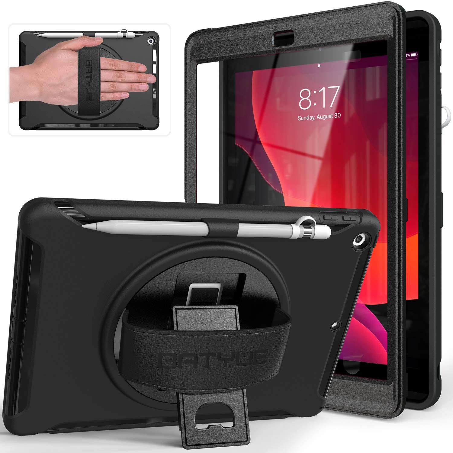 Batyue Ipad 9Th/ 8Th/ 7Th Generation Case (Ipad 10.2 Inch Case 2021/2020/2019) With Screen Protector, Rotating Stand/Hand Strap/