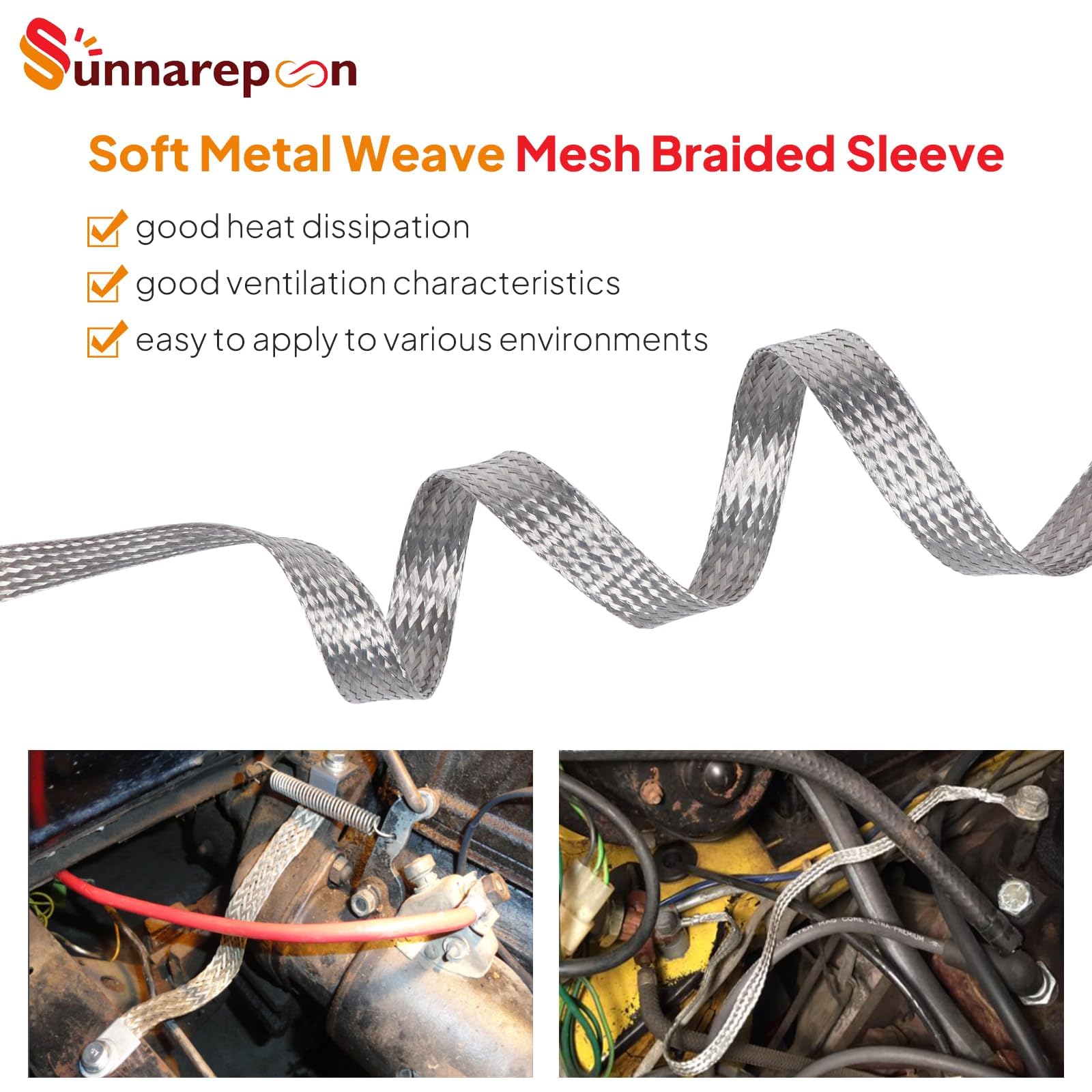 SUNNAREPOON Tinned Copper Wire Shielding Sleeve, 1/4inch - 12ft Expandable Ground Strap, Silver Metal Braided Wiring Protector