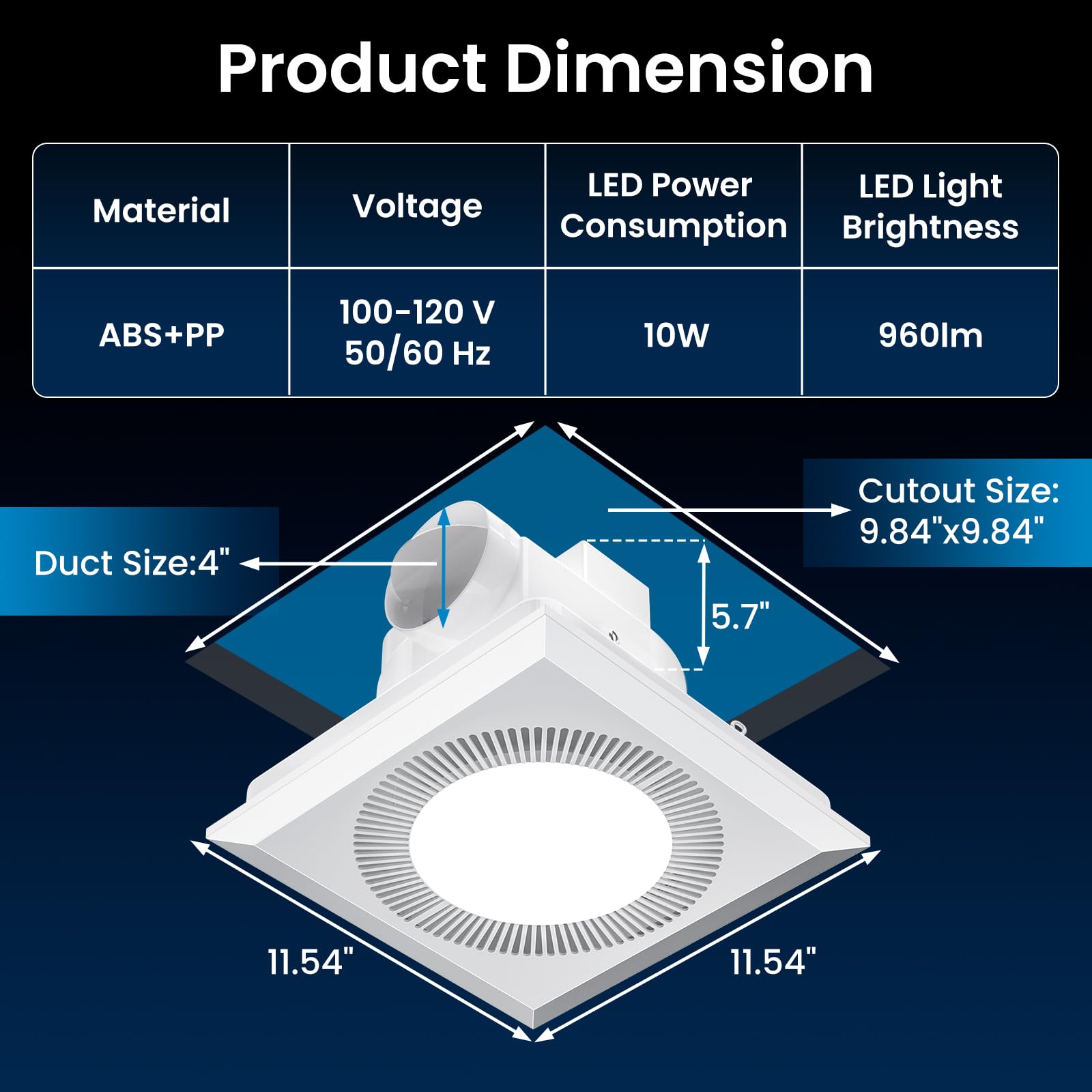 Hon&Guan Bathroom Exhaust Fan with Light, 110 CFM, 1.0 Sones, LED 3000K/4500K/6500K, Square 9.84"x