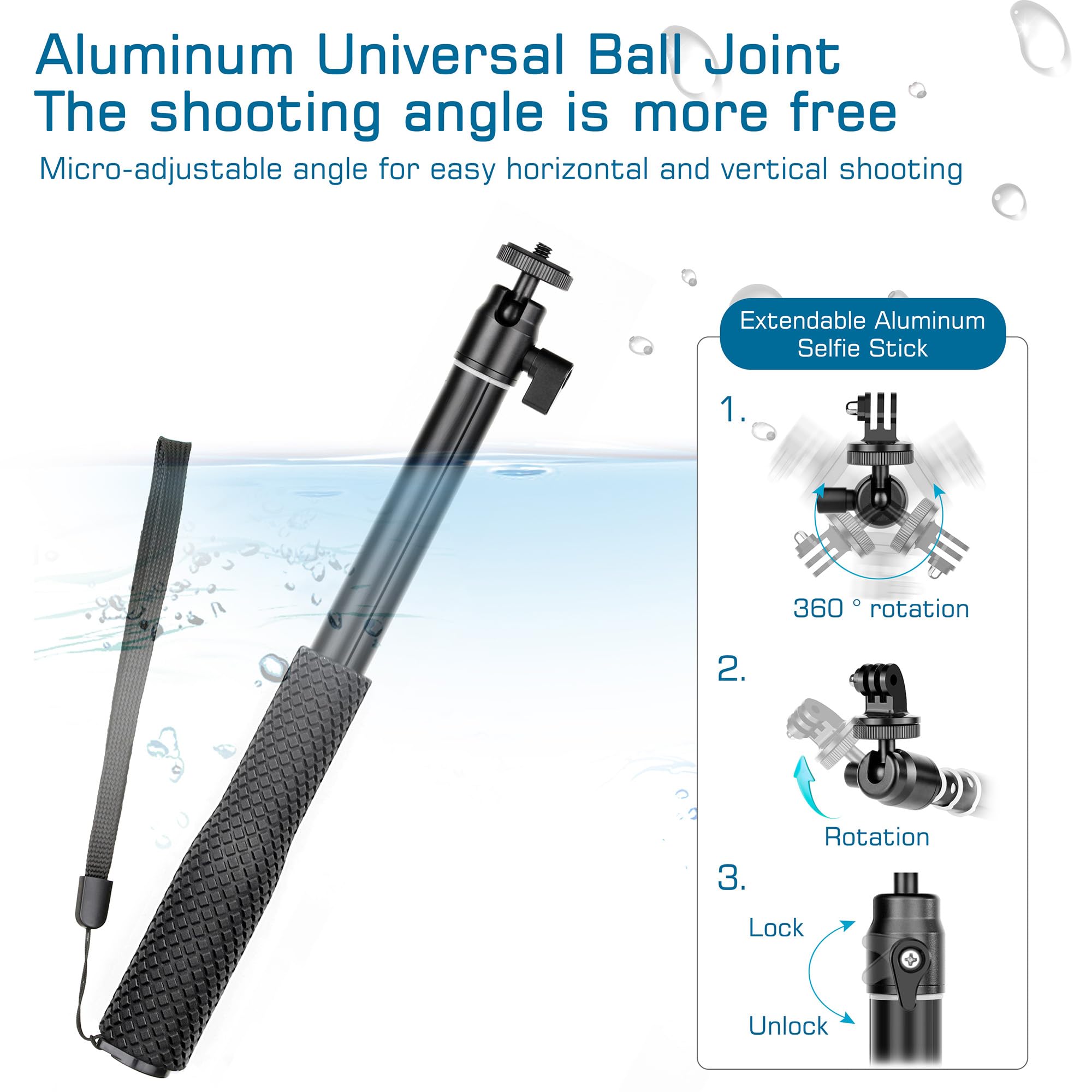 Gepuly 360Ballhead Waterproof Selfie Stick With Tripod Stand Phone Holder- Underwater Selfie Stick Pole - For Gopro Hero 13 12 1