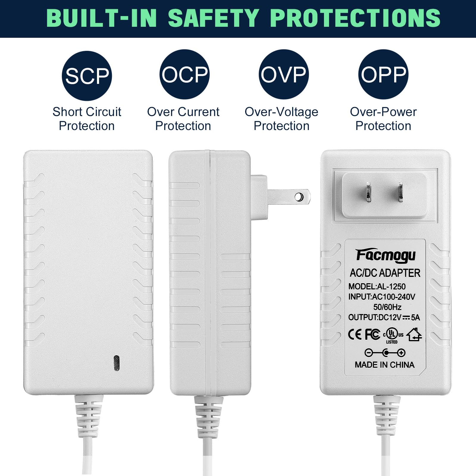 Facmogu 60W 12V 5A Power Adapter, Ac 100 240V To Dc 12V 5000Ma Wall Adapter, 12 Volt Power Supply Module 5 Amp, 60W Switching Tr