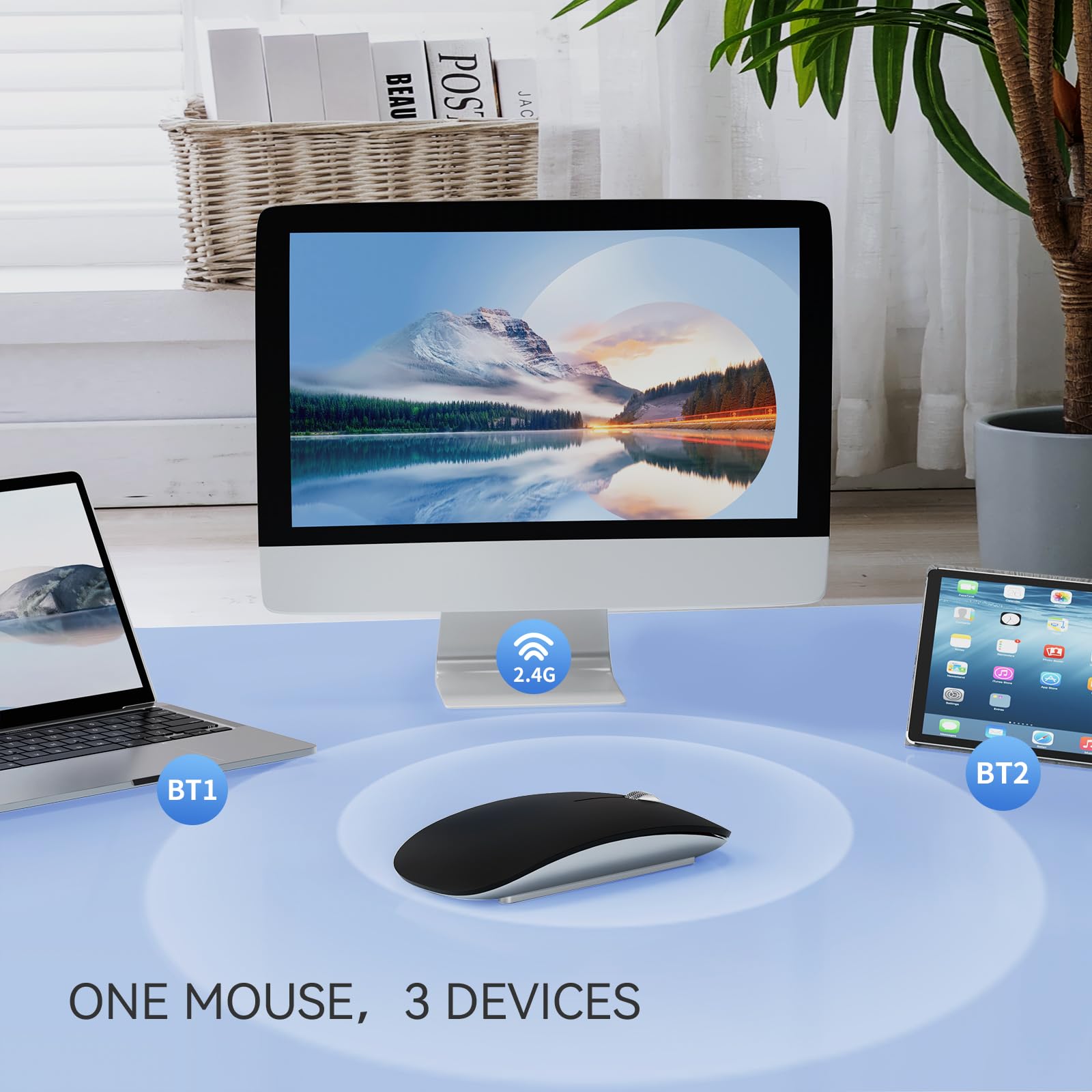 Tenmos M18 Bluetooth Mouse, Usb C Rechargeable Wireless Mouse, Triple Mode (Dual Bluetooth+Usb) Computer Silent Mice Portable With Usb Receiver Type C Adapter For Laptop/Macbook/Ipad/Pc   Matte Black