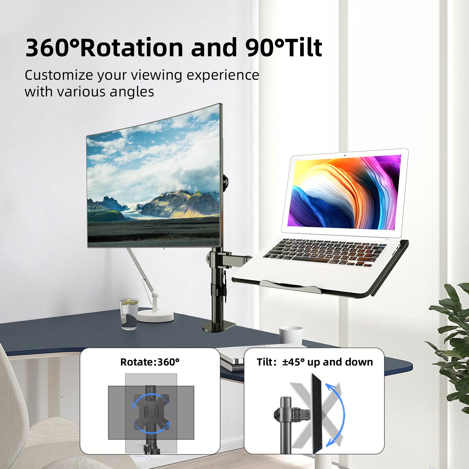 Suptek Monitor And Laptop Mount,Adjustable Monitor Arm Stand With Laptop Tray For 13 27 Inch,Hold 22 Lbs, With Clamp And Grommet