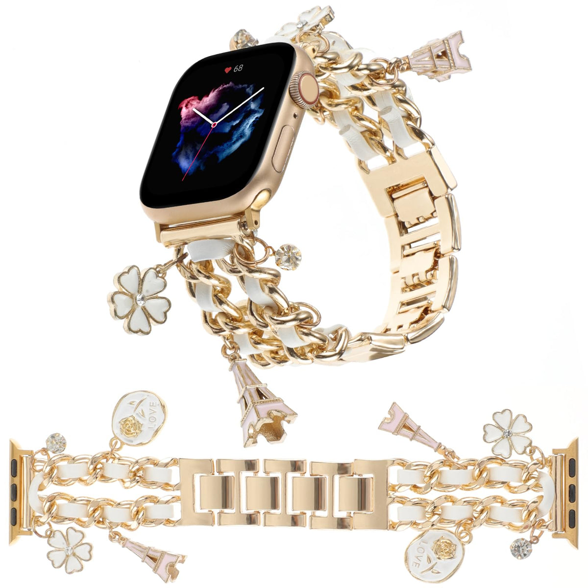 Realsign Gold Metal Cuban Chain Watchband With Cute Pendants, Compatible With Apple Watch 42Mm 45Mm, 49Mm, Suitable For Women, G