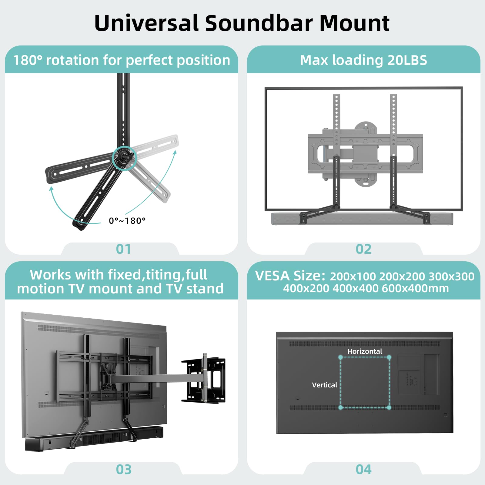 Hcmounting Soundbar Mount Bracket, Sound Bar Mounts Under Tv Or Above Tv Fits Most Sound Bars Up To 20 Lbs, Soundbar Tv Mount Wi