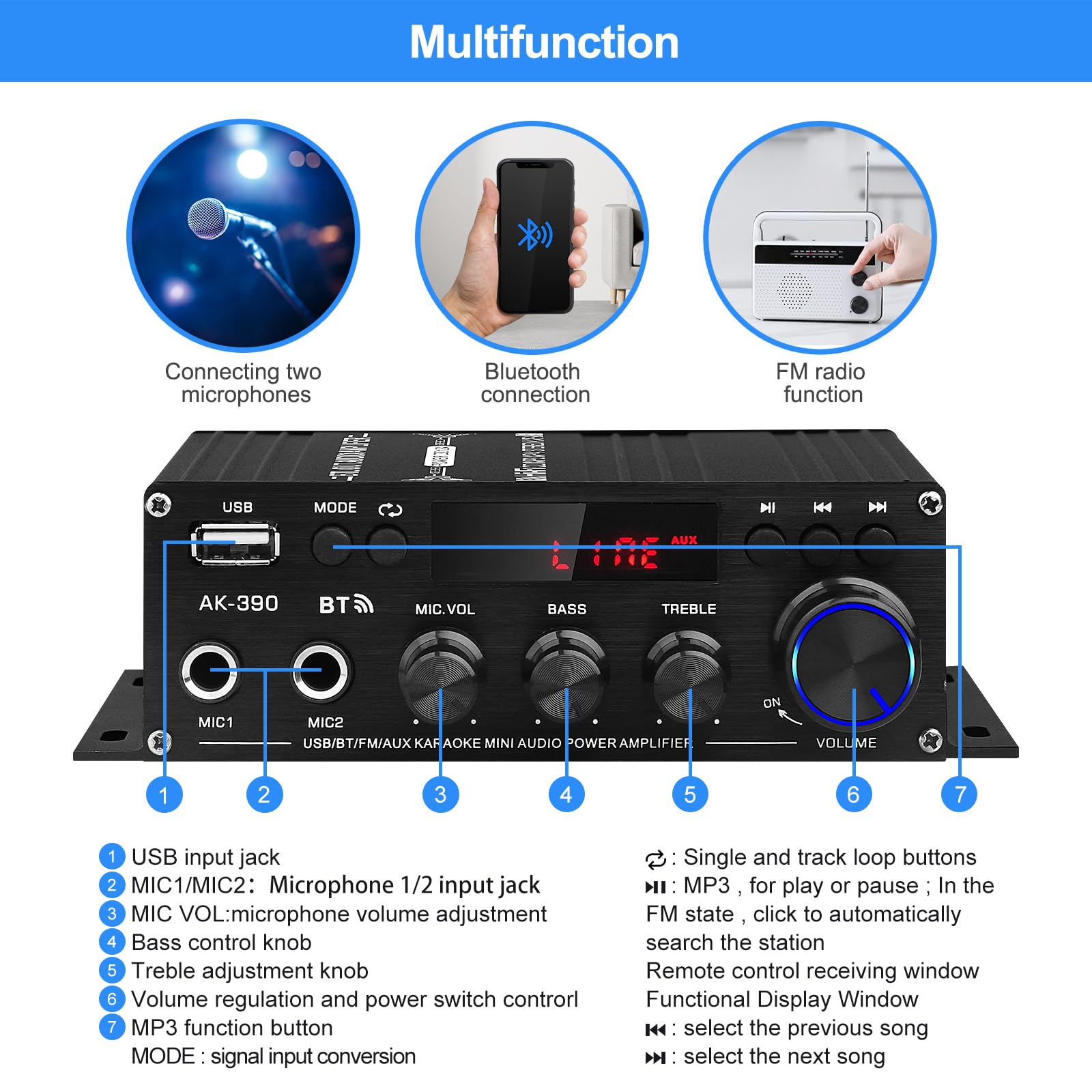 Stereo Amplifier Receiver For Home Speakers, Ak 390 Bluetooth5.0 Hifi Mini Audio Amp 2.0 Channel Rms 40W X 2 Audio Component Amp