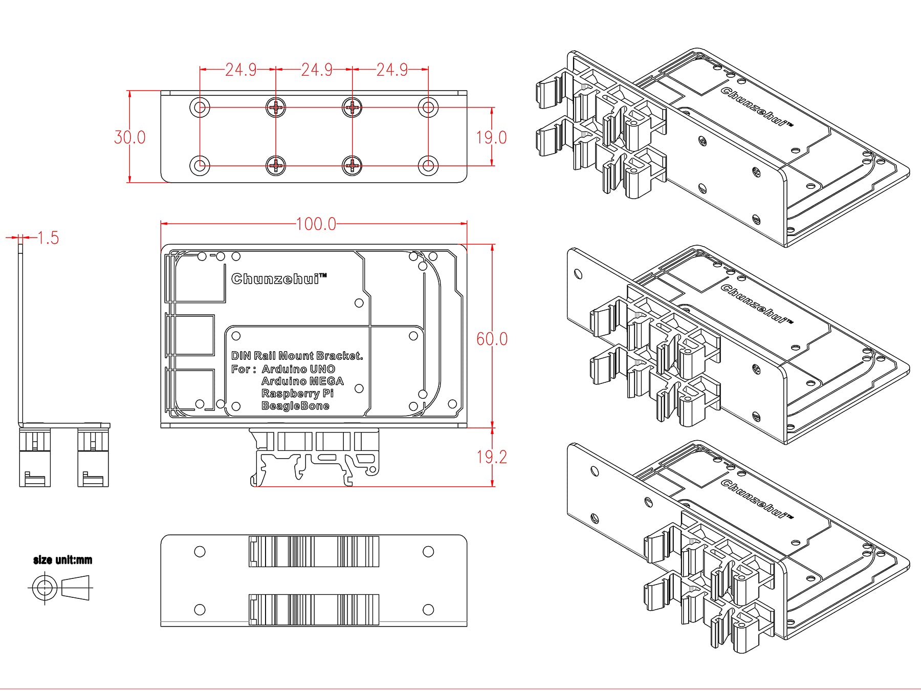 Din Rail Mount Bracket For Raspberry Pi 1A+ 1B+ 2B 3B 3B+ 4B Zero, Uno Mega 2560 Beaglebone Black