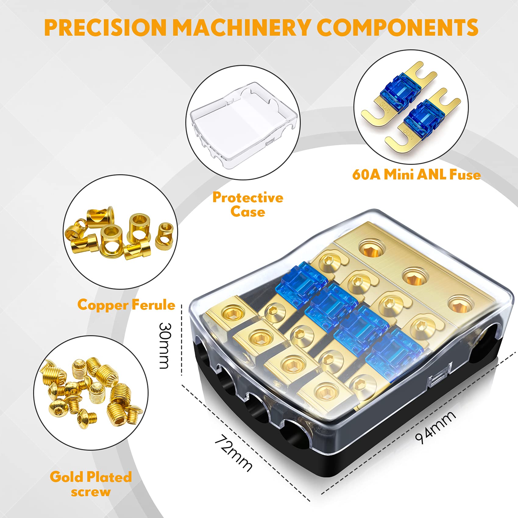 Bulvack 4 Way Mini Anl Fuse Holder, Copper 0/2/4 Gauge To 4/6/8 Gauge 60 Amp Fuse Distribution Block For Car Truck Boat Audio St