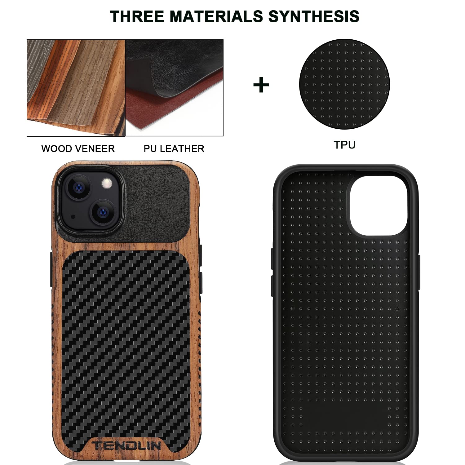 Tendlin Compatible With Iphone 13 Mini Case Wood Grain With Carbon Fiber Texture Design Leather Hybrid Case Compatible For Iphon