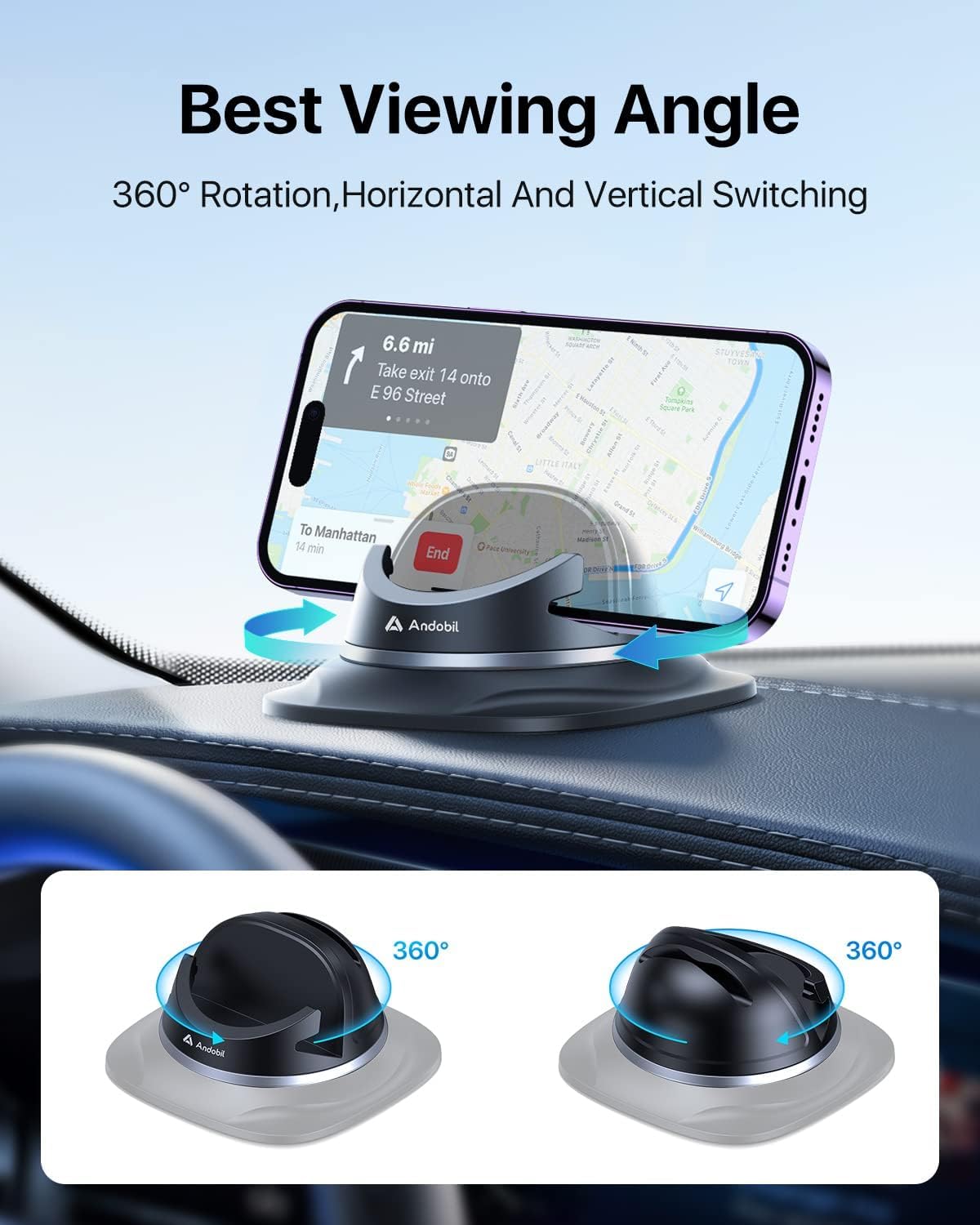 Andobil Upgraded Car Phone Holder, Stable & Silicone Phone Holders For Your Car, 360Rotatable Dashboard Cell Phone Holder, Cell