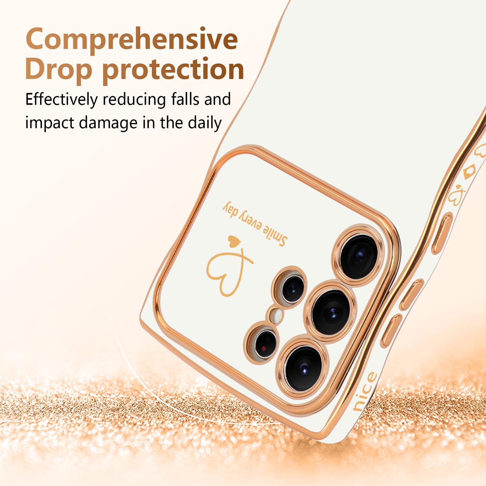 Lchulle For Samsung Galaxy S22 Ultra Case For Women Girls, Cute Wave Frame Curly Shape With Love Heart Raised Camera Protection