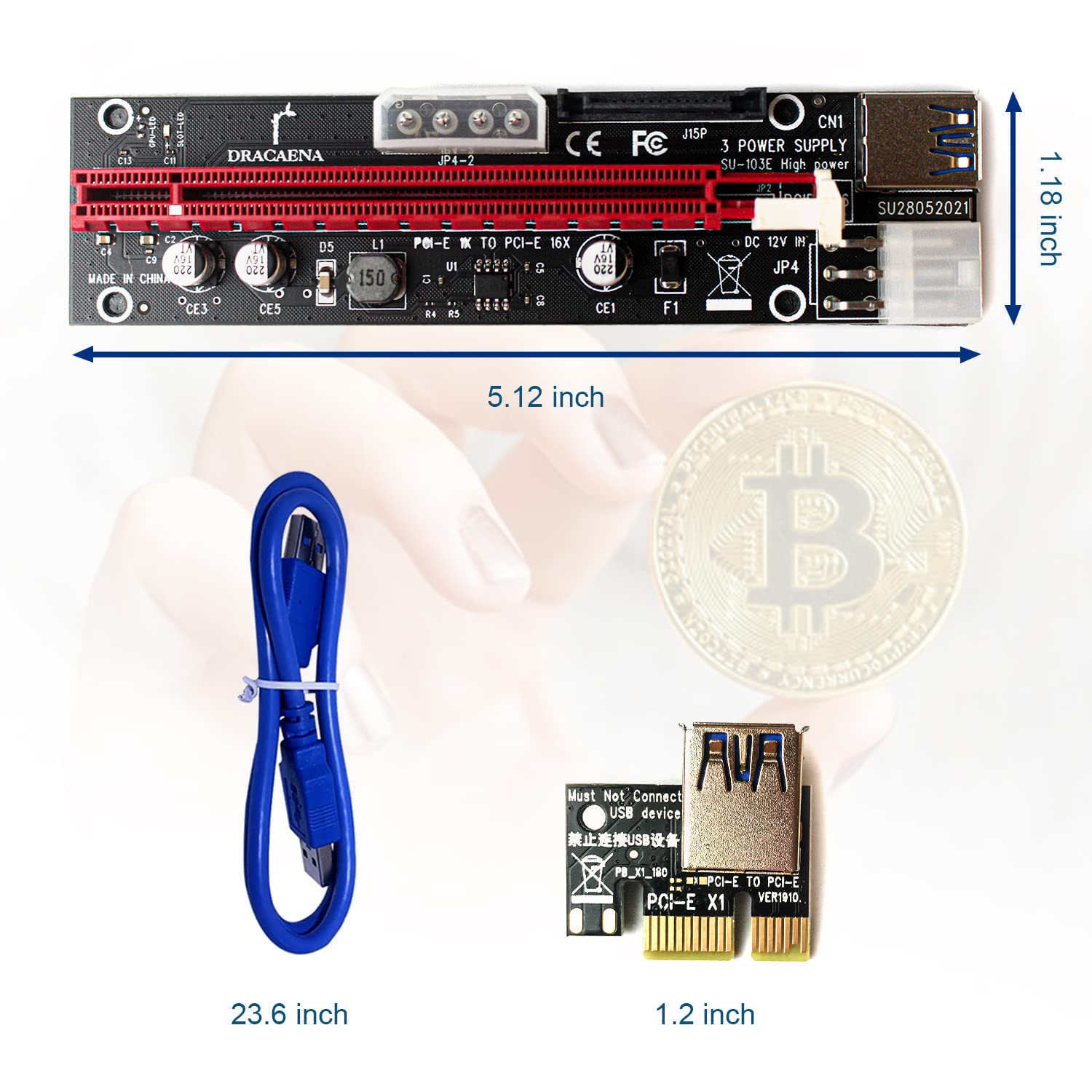 Dracaena 2 Pack Pcie Riser Adapter Card For Gpu Crypto Mining16X To 1X (6Pin/ Molex/Sata Powered) Led Status + 60Cm Usb 3.0 Cabl