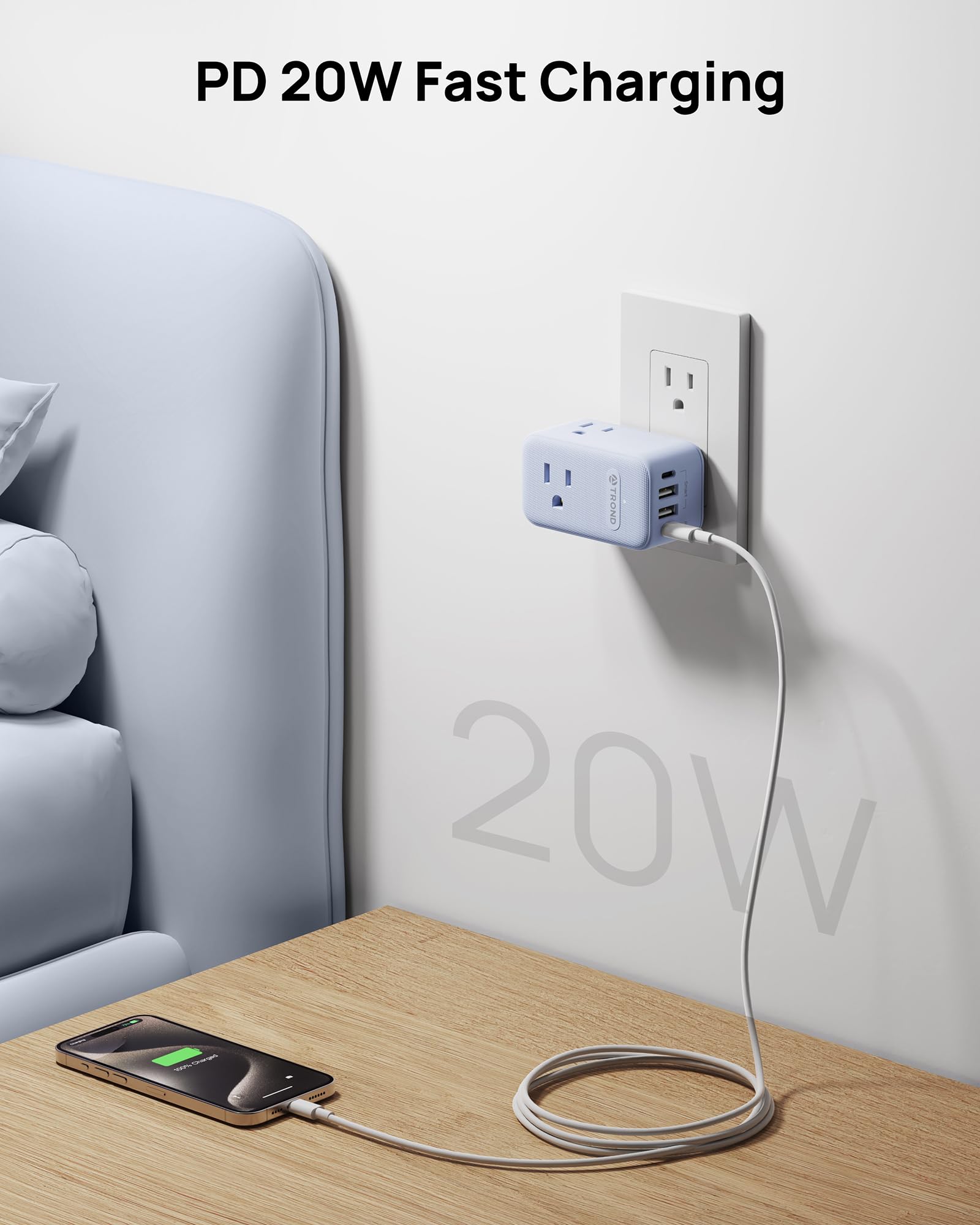 Trond Outlet Extender With 360 Rotating Plug, 3 Way Plug Splitter With Pd 20W Usb C Adapter, Multi Wall Adapter, Colorful Outlet