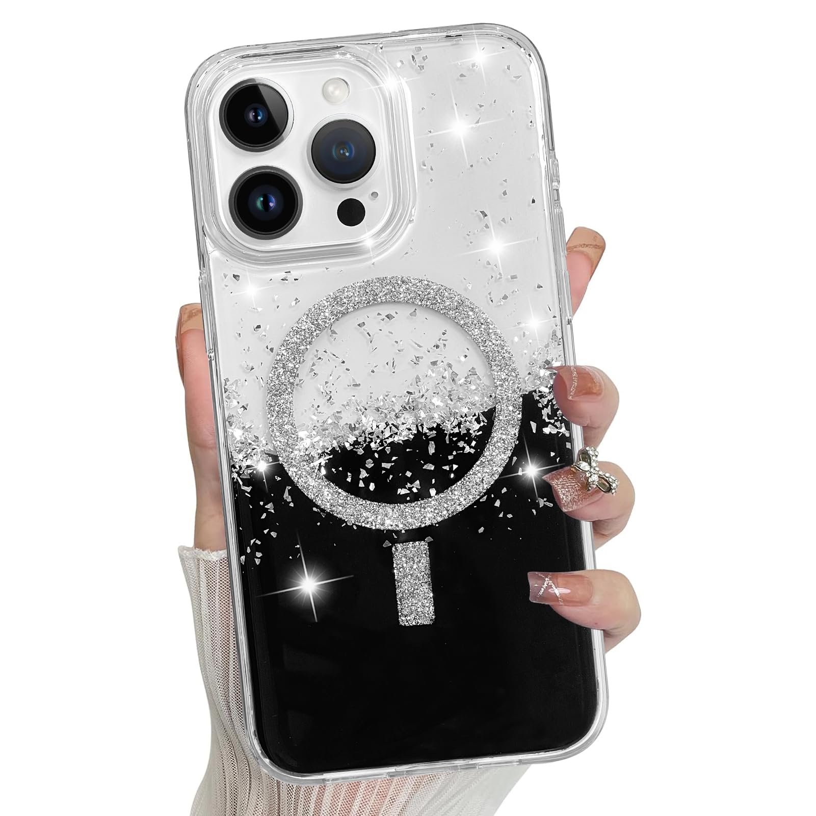 Bonoma For Iphone 14 Pro Max Case, Sparkly Glitter Bling Back, Magnetic Support For Magsafe Shockproof Case, Crystal And Clear H