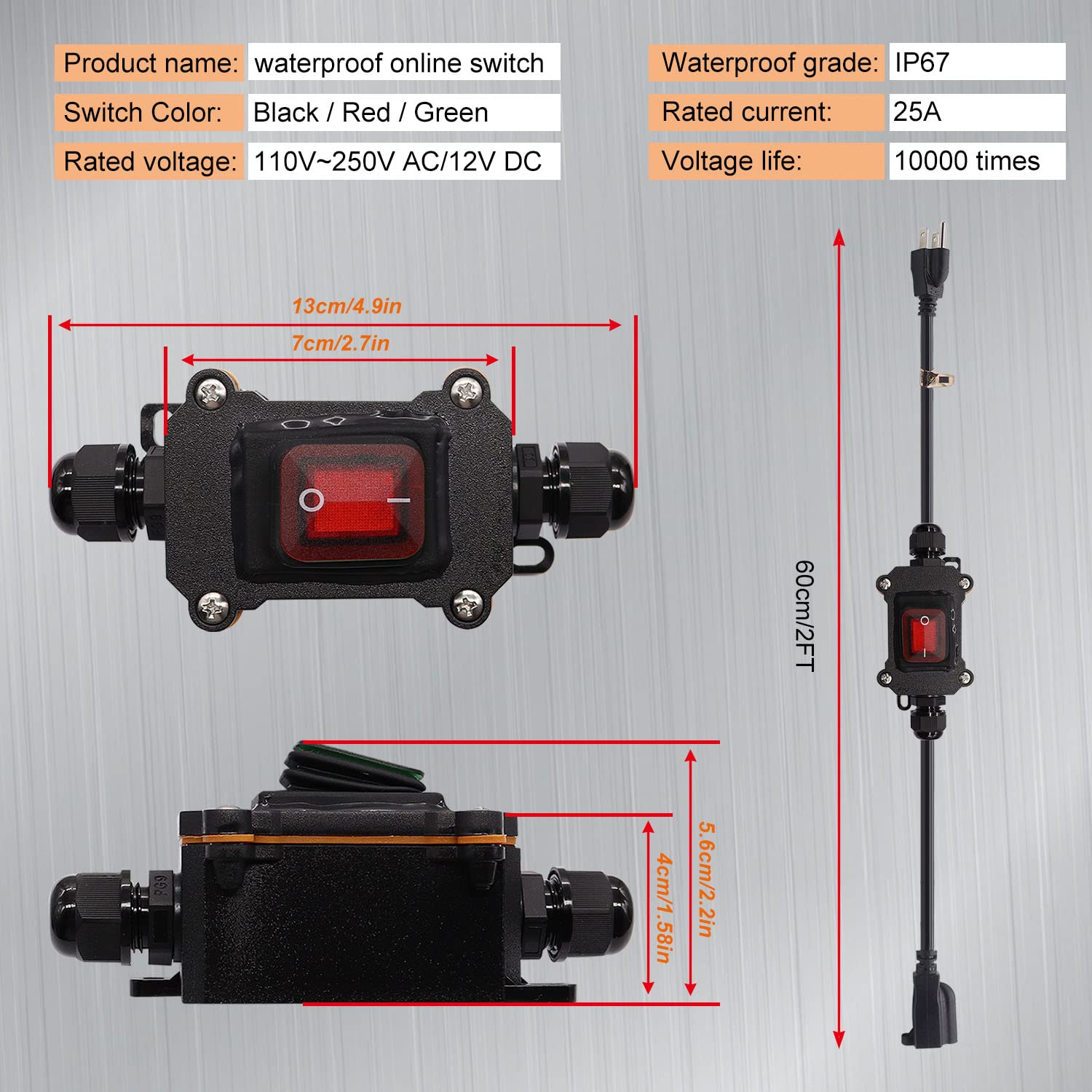 Weideer Extension Cord With Inline Switch On/Off Ip67 Waterproof 20A 250V 16Awg 2Ft 3Pin Outlets Plugs Power Cord Red Led Rocker