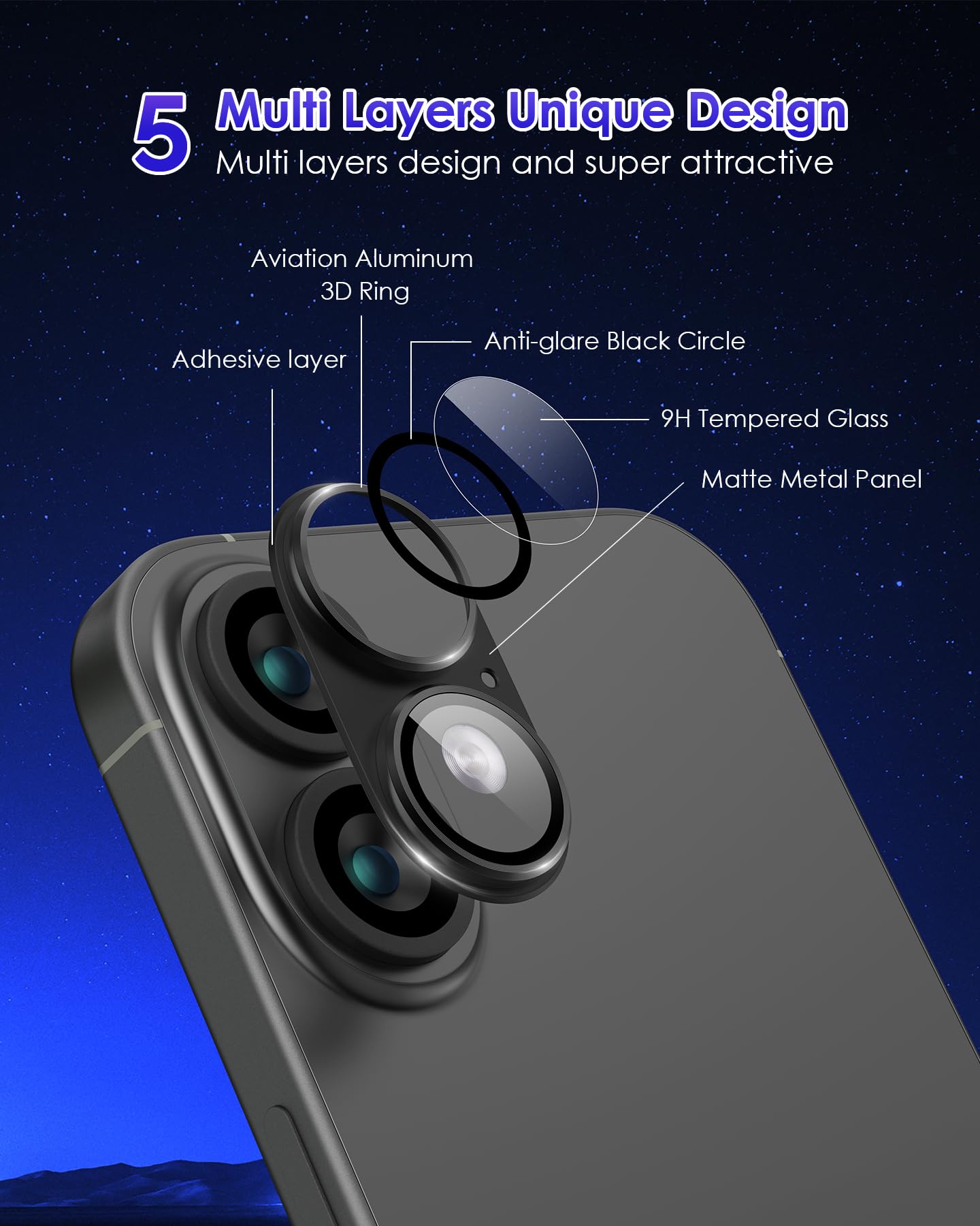 Kanosan For Iphone 16 Plus/Iphone 16 Camera Lens Protector Metal Plus Aluminium Alloy Ring 9H Tempered Glass Screen Case Friendl