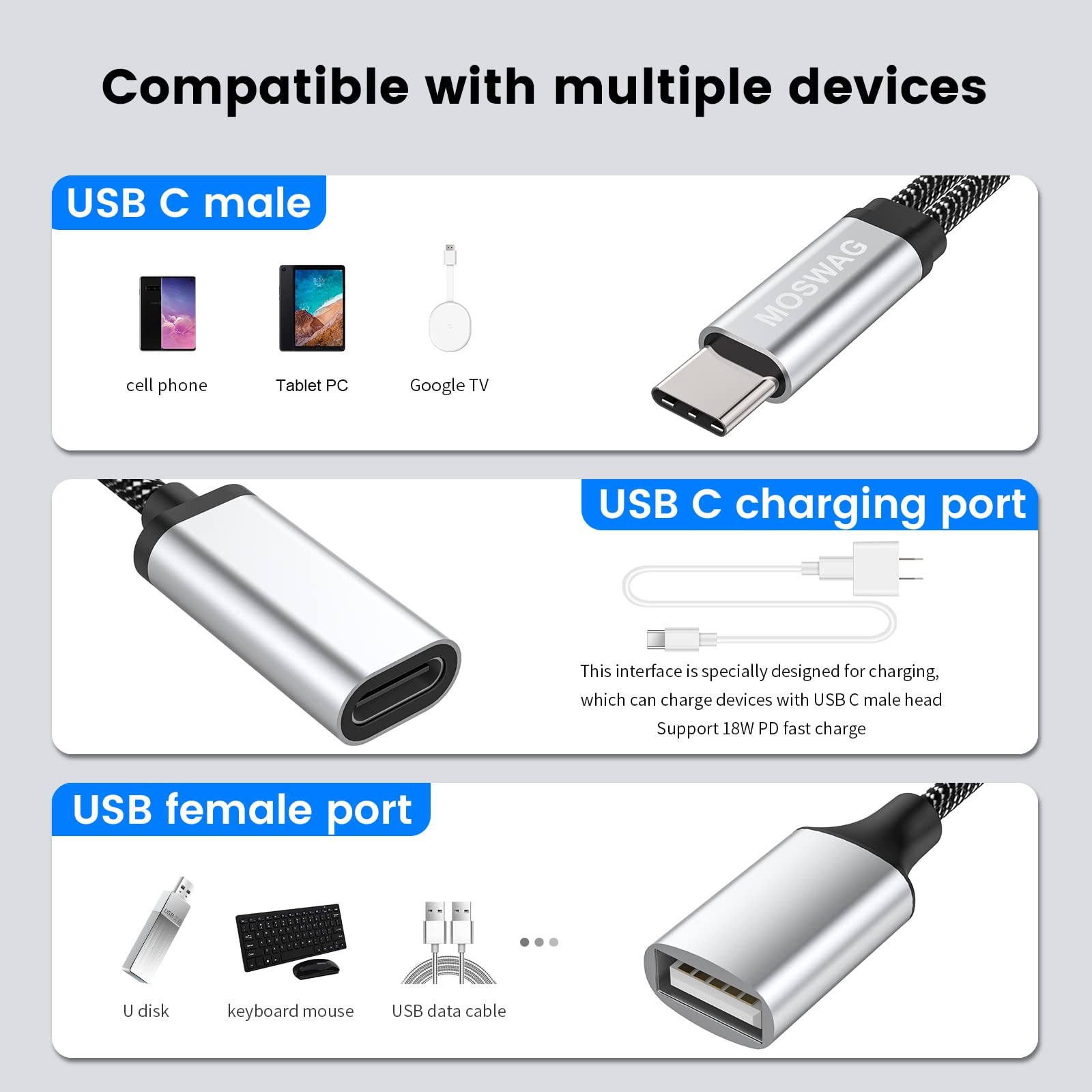 Moswag Usb C Otg Adapter Usb Type C Splitter With Usb C Female And Usb A Female Compatible With Chromecast With Google Tv/Samsung S21 S20 S20+ Ultra/Google Pixel 5 4 4 Xl 3 3 Xl/Lg V40 V30 G6 G8