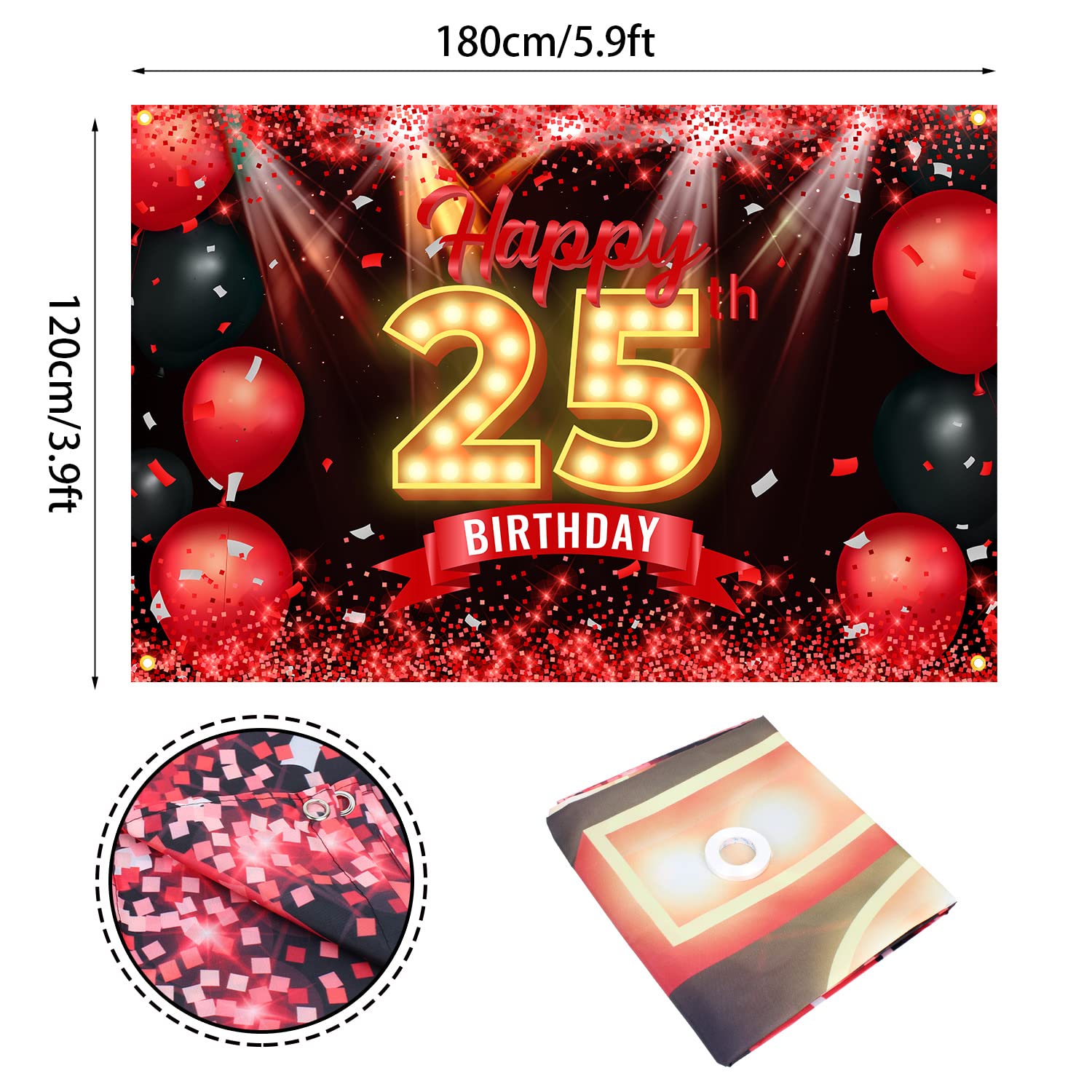 Happy 25Th Birthday Banner Backdrop Red And Black 25 Years Old Background Bday Decorations For Women Men Photography Party Suppl