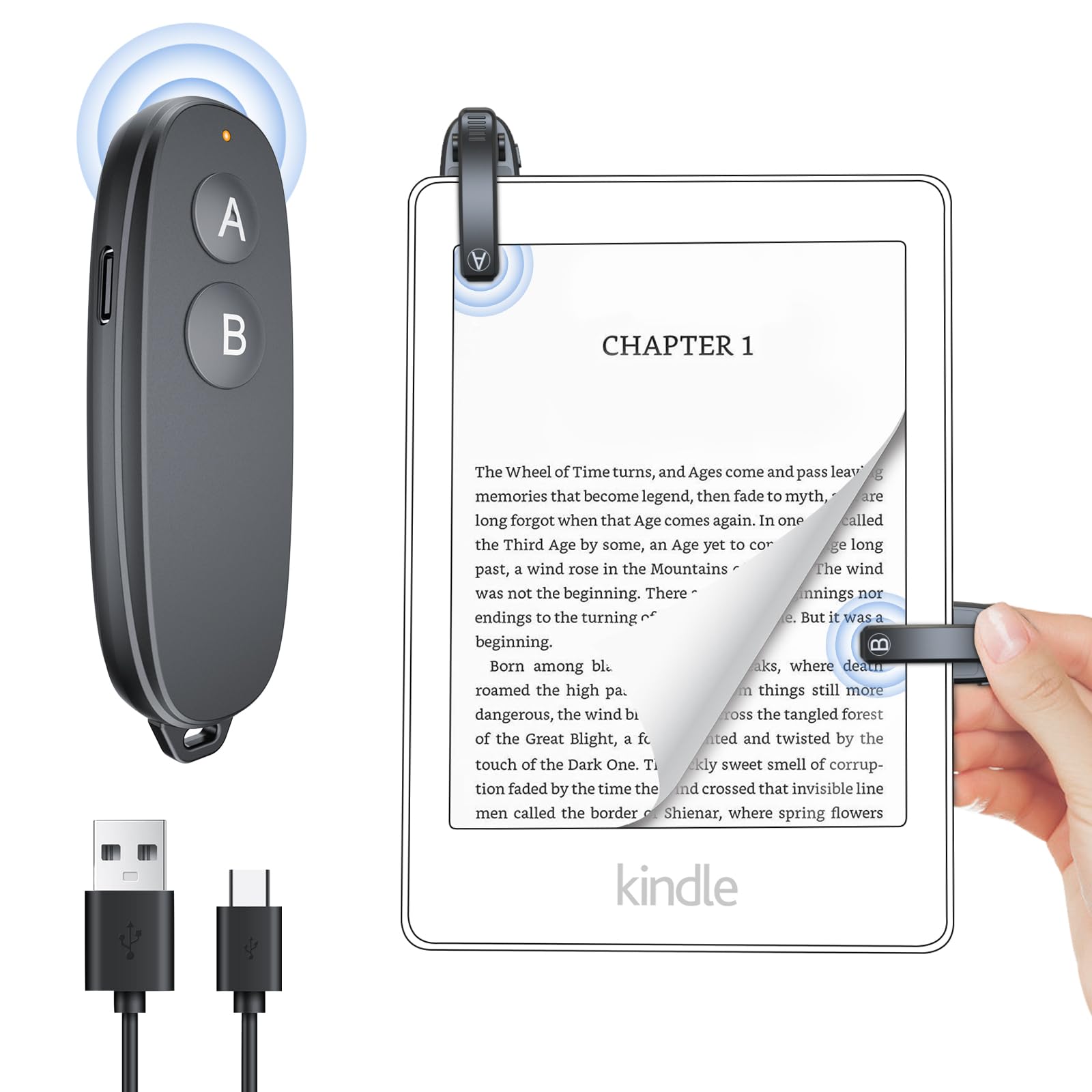 Remote Control Page Turner, Wireless Page Turner, USB-C Rechargeable, No Bluetooth, No WiFi Required, Fingerprint-Resistant Clip