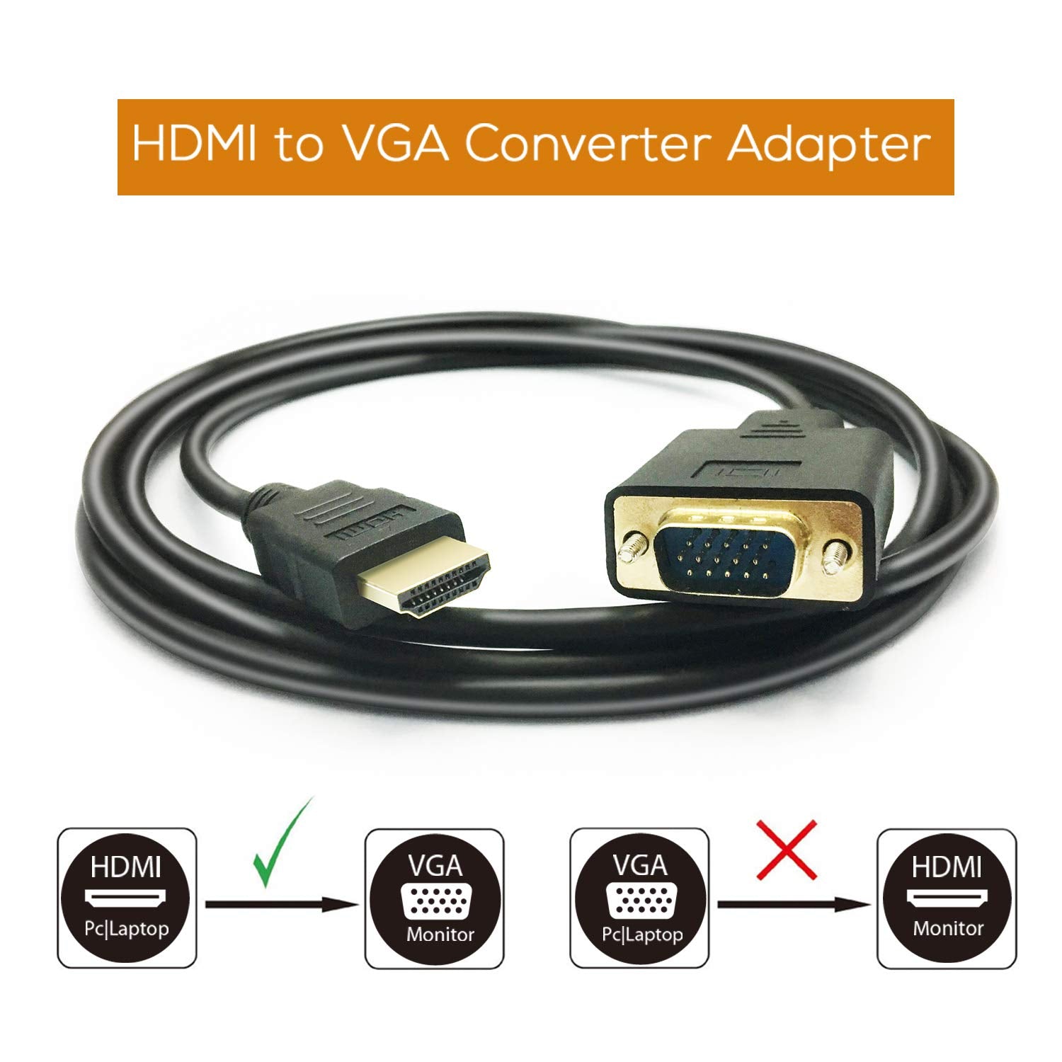 Peotriol Hdmi To Vga Cable, 1080P Hdmi Male To Vga Male M/M Video Converter Cord Adapter Compatible With Hdmi Desktop, Laptop, D