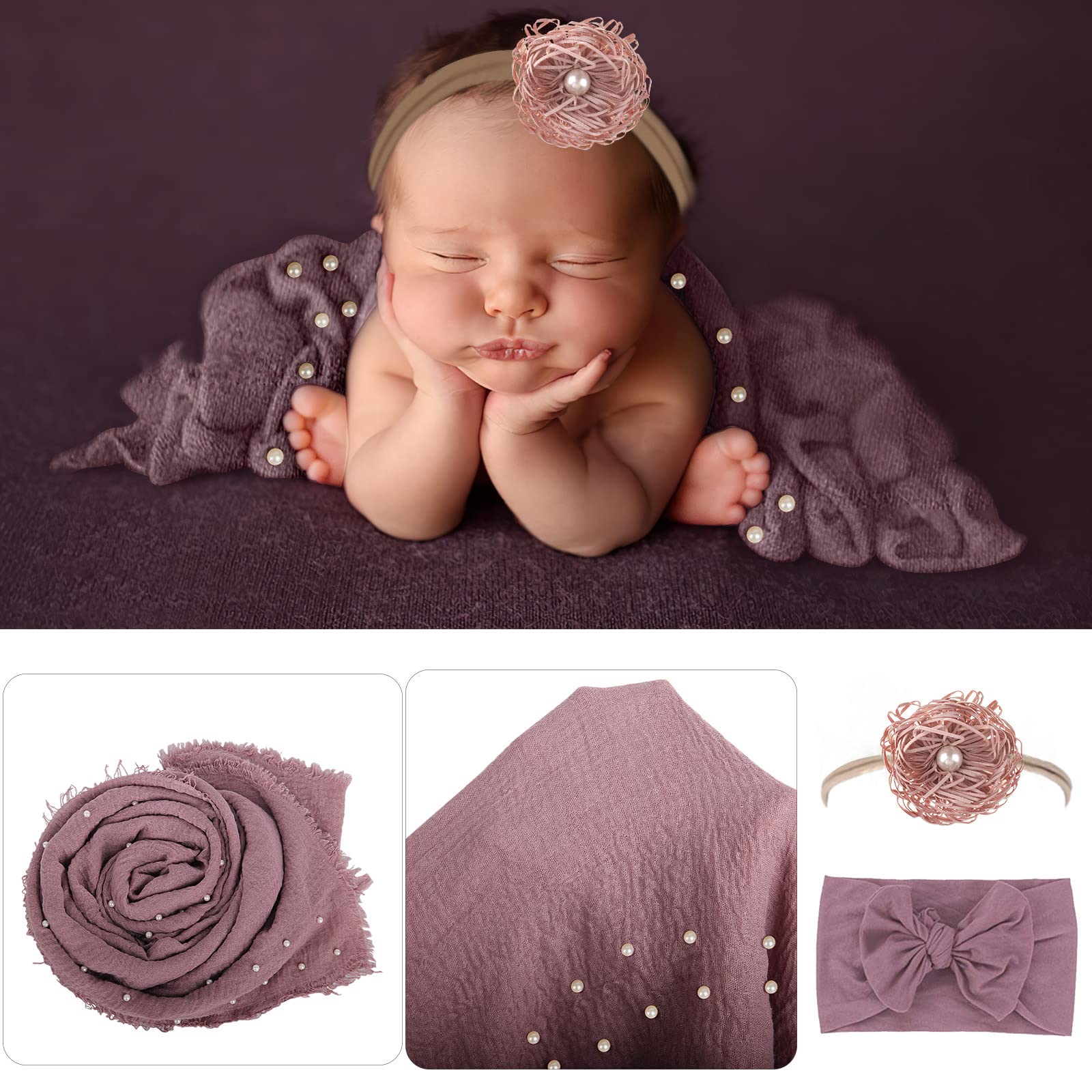 Aoke 5 Pcs Newborn Photography Wrap Props Kit, Newborn Photo Props Long Ripple Wraps Diy Blanket With Flower Headbands, Purple T