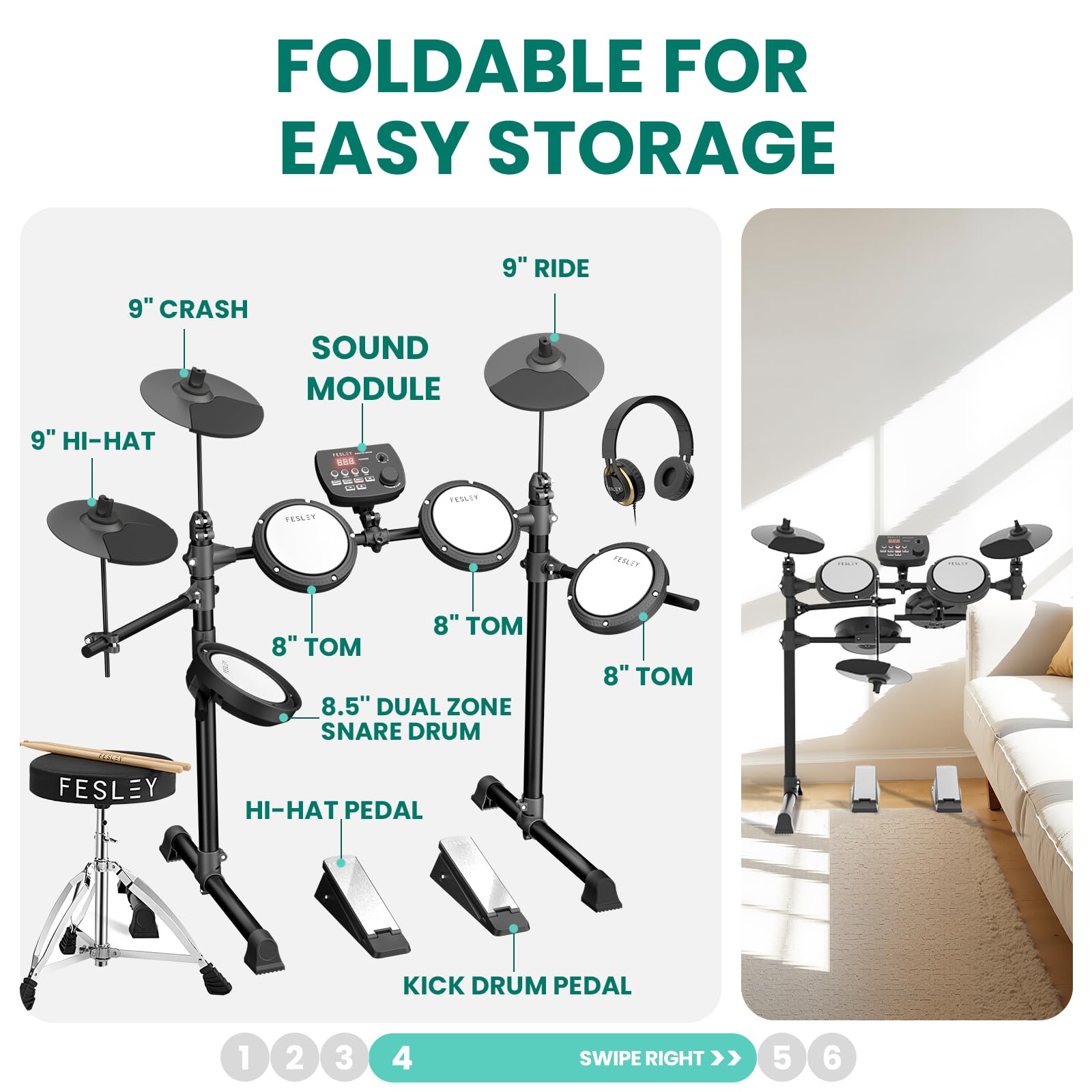 Fesley Fed150W Electric Drum Set: Dual Zone Snare Drum,2 Cymbals W/Choke, 200 Sounds, 4 Quiet Mesh Drum Pads, Portable Electroni