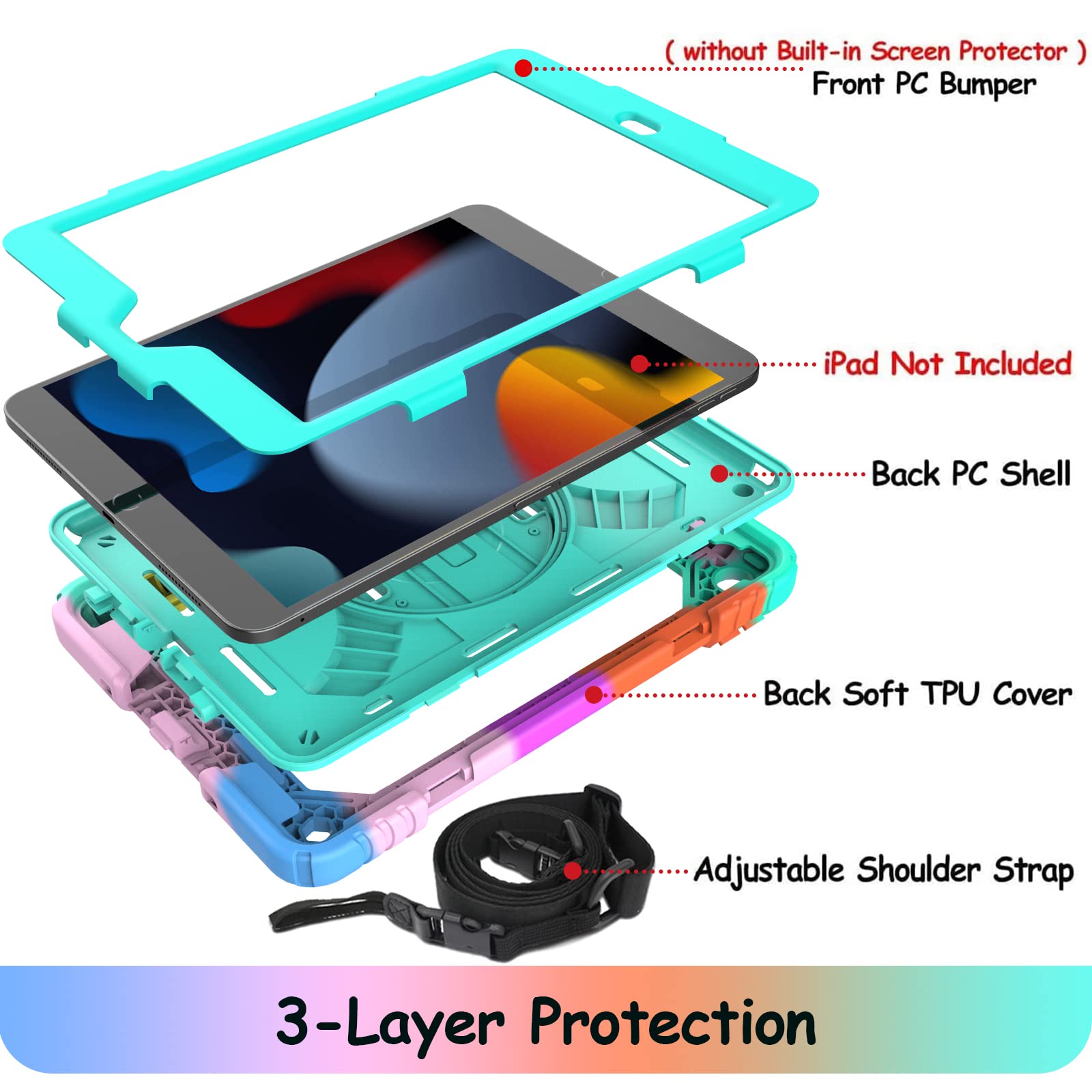 Ltrop Case For Ipad 9Th/ 8Th/ 7Th Generation (2021/2020/2019), Shockproof 10.2    Ipad Cover With With Shoulder Strap Pen Holder