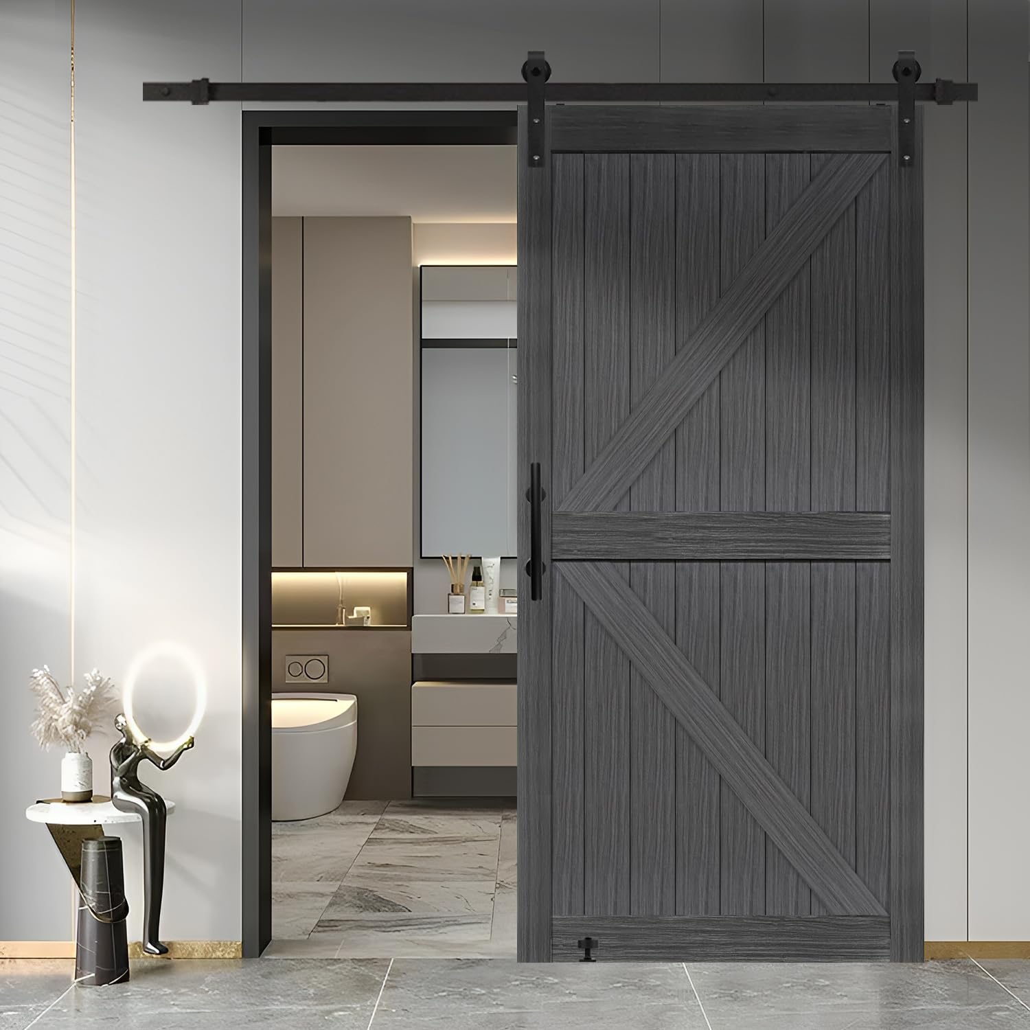 S&Z Tophand 38 In X 84 In Deep Gray British Brace Knotty Barn Door With 6.6Ft Sliding Door Hardware Kit/Double  Sided Door Handl