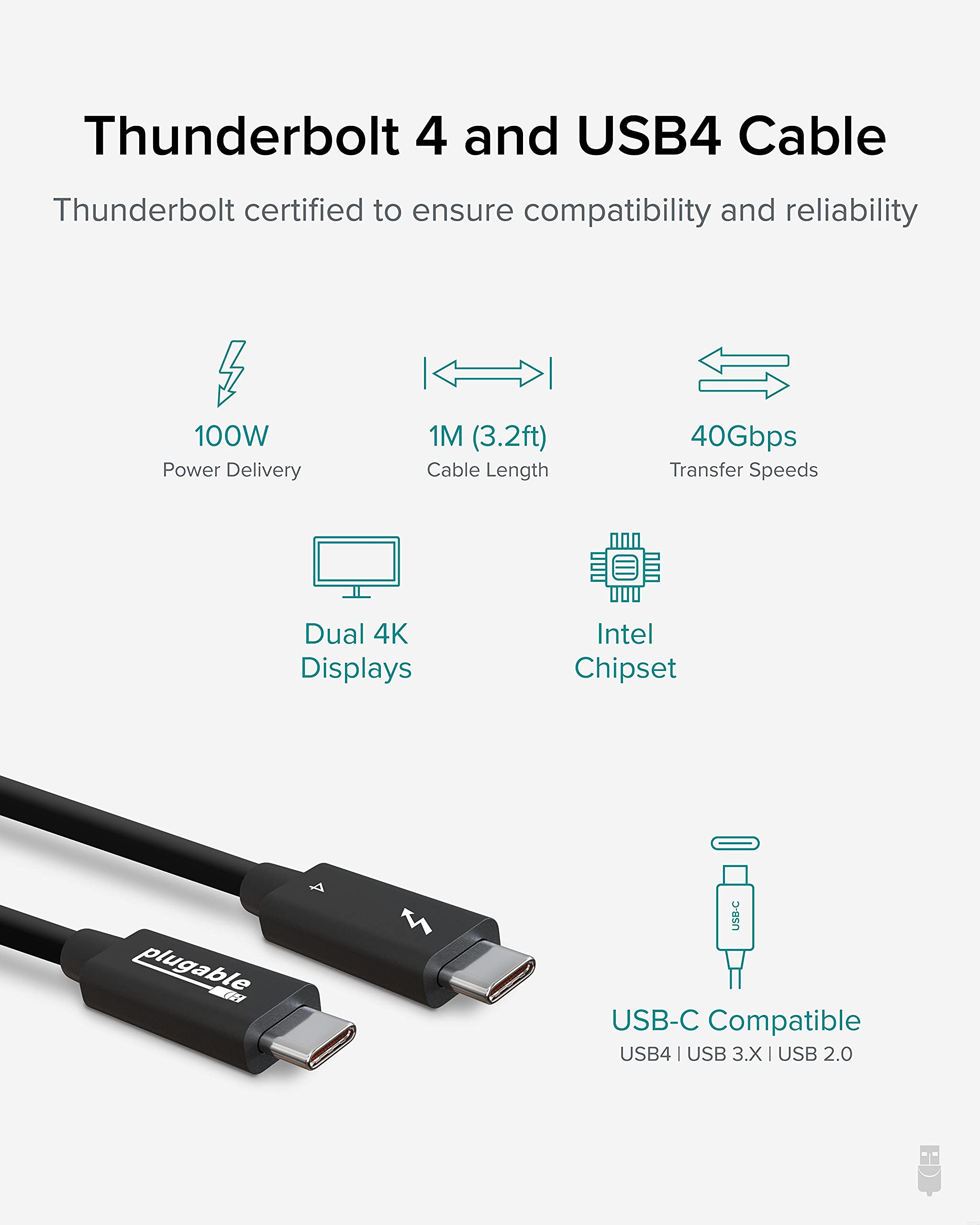 Plugable Thunderbolt 4 Cable [Thunderbolt Certified] 3.3Ft Usb4 Cable With 100W Charging, Single 8K Or Dual 4K Displays, 40Gbps