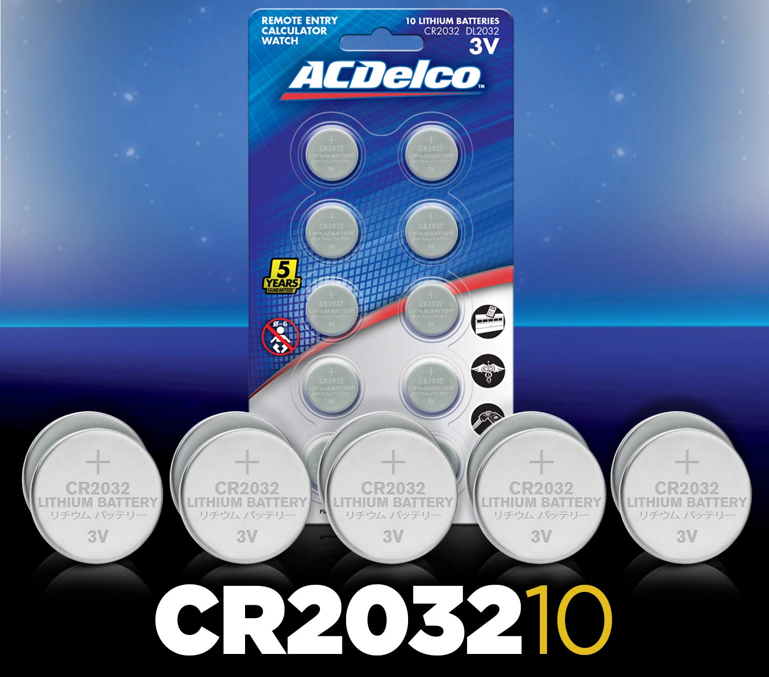 Acdelco 10-Count Cr2032 Batteries, Lithium 3V Coin Cell Button Battery Pack For Watch And Small Electronics, 5 Year Shelf Life