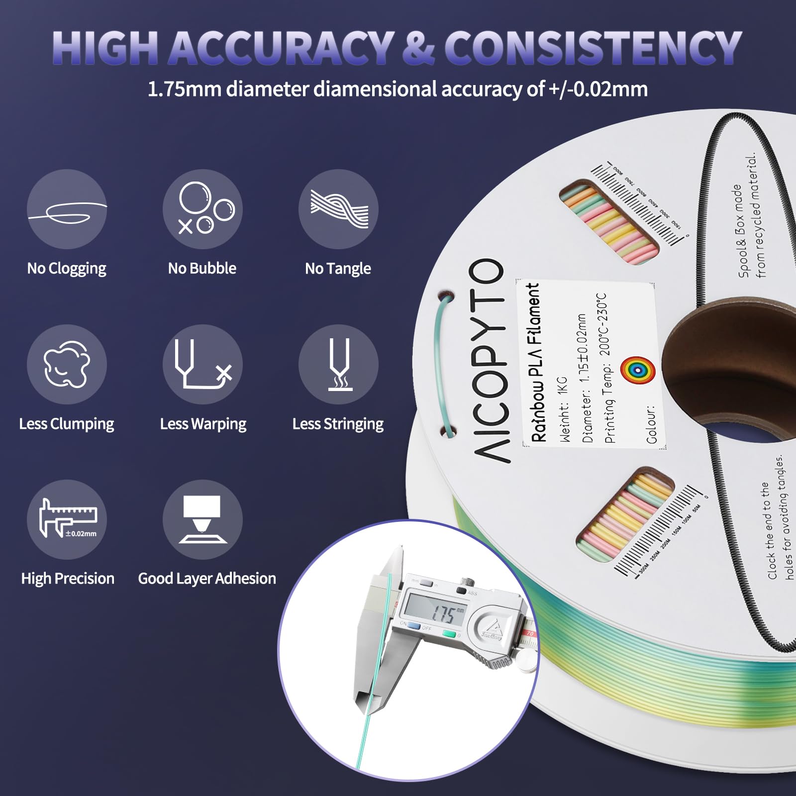 Aicopyto 3D Printer Rainbow Silk Pla Filament 1.75Mm, Multicolor Filament Silk Pla 1Kg Spool (2.2Lbs) Dimensional Accuracy Proba