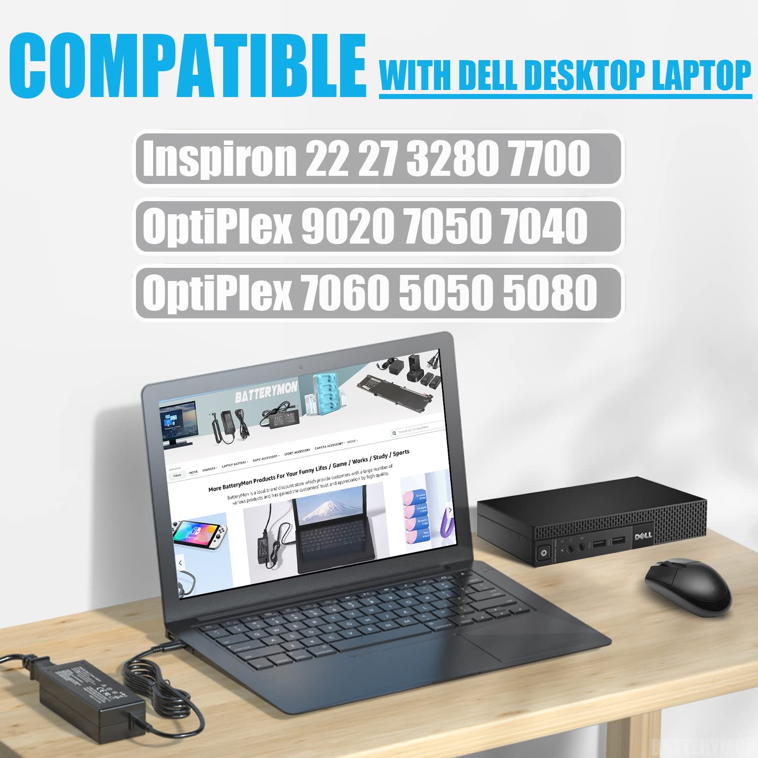 Batterymon 90W Optiplex Charger For Dell Optiplex 3060 7070 7040 9020 9010 7090 7050 3090 3080S 3070 3050 3040 3046 3020 7060 Micro Desktop Computer Ac Adapter Fit 65W Dell Optiplex Power Supply Cord