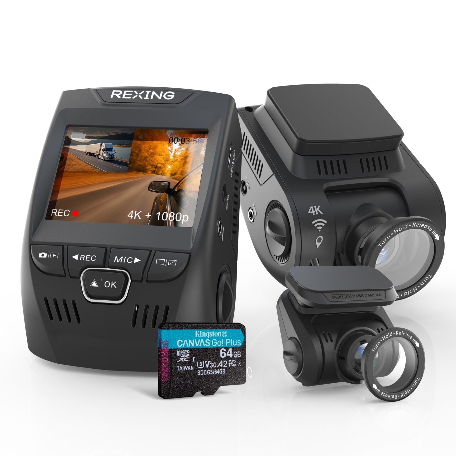 Rexingusa V1P Se 4K Dual Dash Cam W/Gps, Wi Fi & 2Pcs Cpl Filter | 512Gb Support | Front 2160P, Rear 1080P | 170 Angle | G Senso