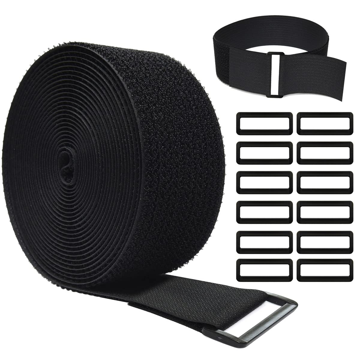 Wszjinb 16Ft X 2In Adjustable Cable Straps With 12 Buckles, Free Cut Length, Black Reusable Fastening Cable Ties, Hook And Loop