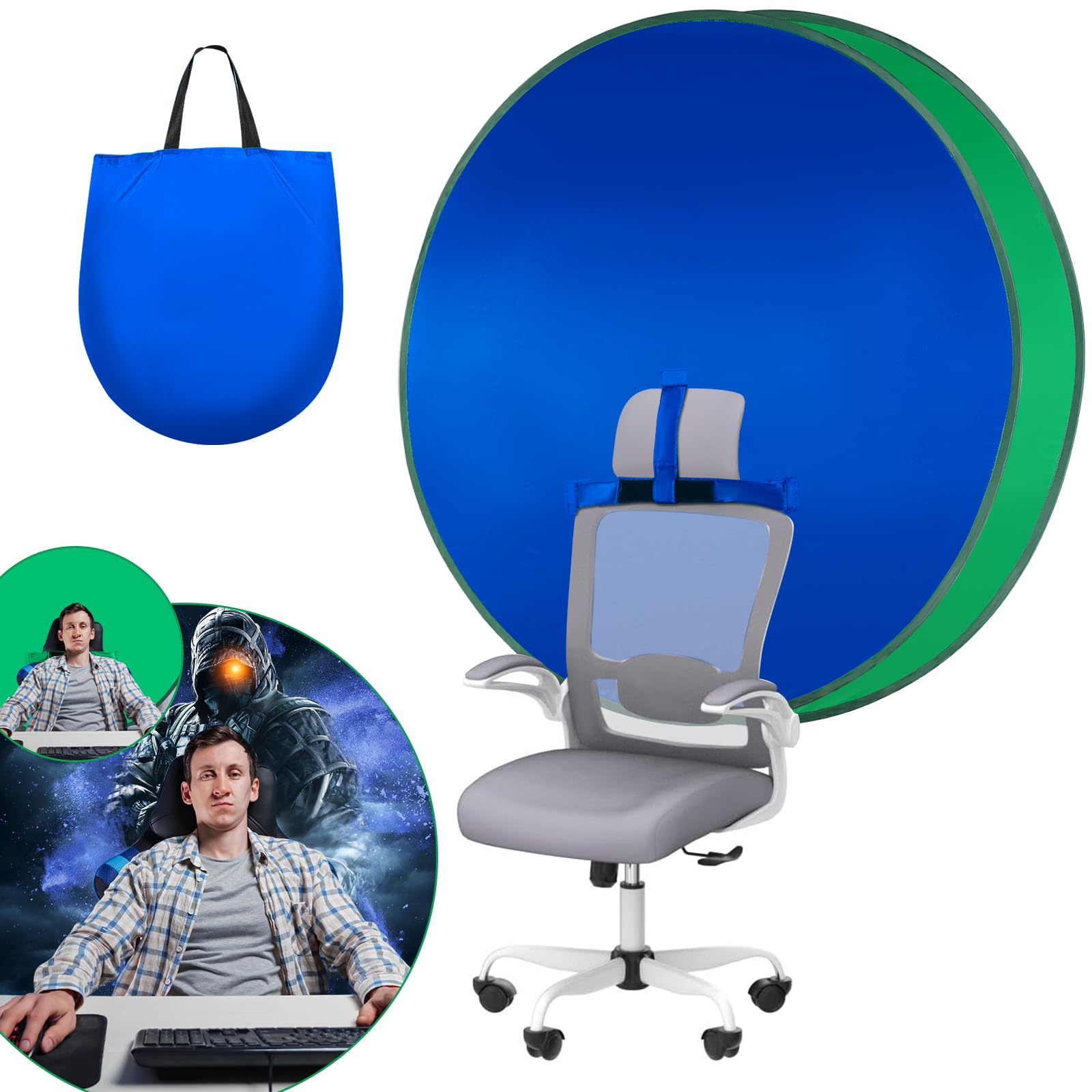 Blue Screen Backdrop,56 in Collapsible 2-in-1 Double Sided Background,Round Green Blue Screen for Chair with Storage Bag,Small B