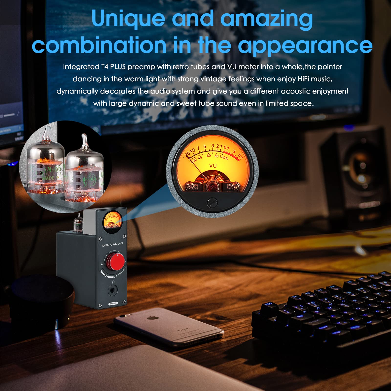 Douk Audio T4 Plus Vacuum Tube Phono Preamplifier, Mm/Mc Turntable Audio Preamp, Ge5654 Headphone Amp With Vu Meter For Record P