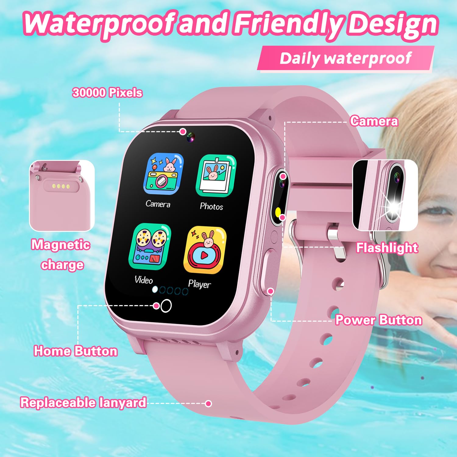 Cosjoype Kids Waterproof Smart Watch, 32 Games Hd Touchscreen Kids Watch With Dual Camera Video Music Player Pedometer Flashligh